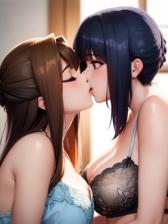 masterpiece, quality, A high resolution,((( 2 girls))), ((Yuri)), ((this kiss:1.4)), giving a hot kiss, in the bedroom, sexy lingerie, big