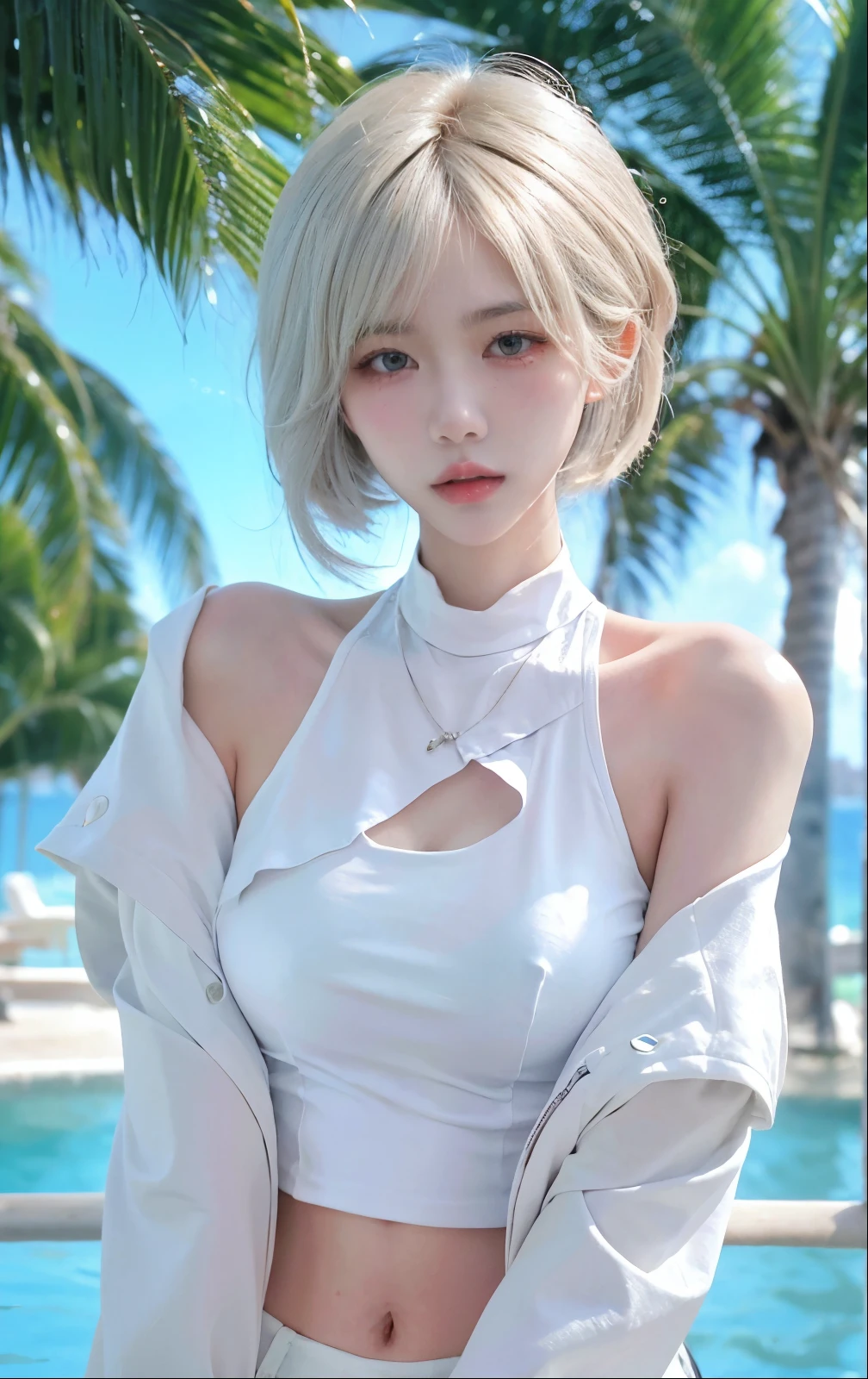 Beautiful woman with perfect body：1.4，layered hairstyle，prominent cleavage，bikini：1.5，ultra short pleated skirt，whole body，Highly detailed facial and skin textures，double eyelids，whiten skin，long white hair