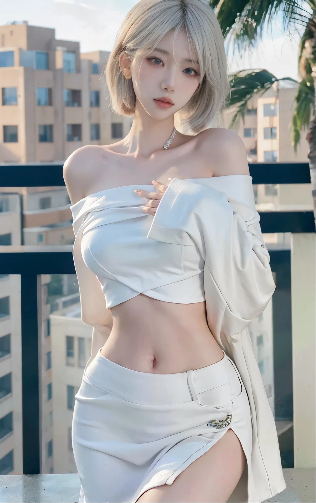 Beautiful woman with perfect body：1.4，layered hairstyle，prominent cleavage，bikini：1.5，ultra short pleated skirt，whole body，Highly detailed facial and skin textures，double eyelids，whiten skin，long white hair