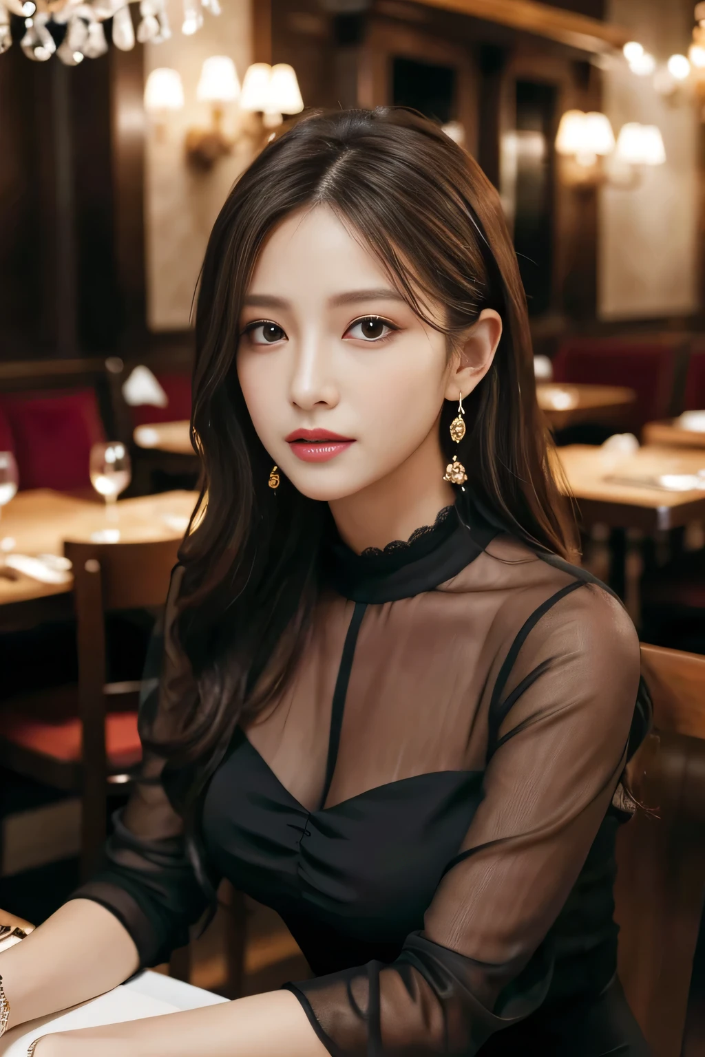 masterpiece, highest quality, Realistic, Very detailed, Finer details, High resolution, 8k wallpaper, One beautiful woman, Wear an elegant black see-through blouse, In a great restaurant, At night, Light brown messy hair, Perfect dynamic composition, Beautiful and beautiful eyes、Big earrings、Sitting in a chair、