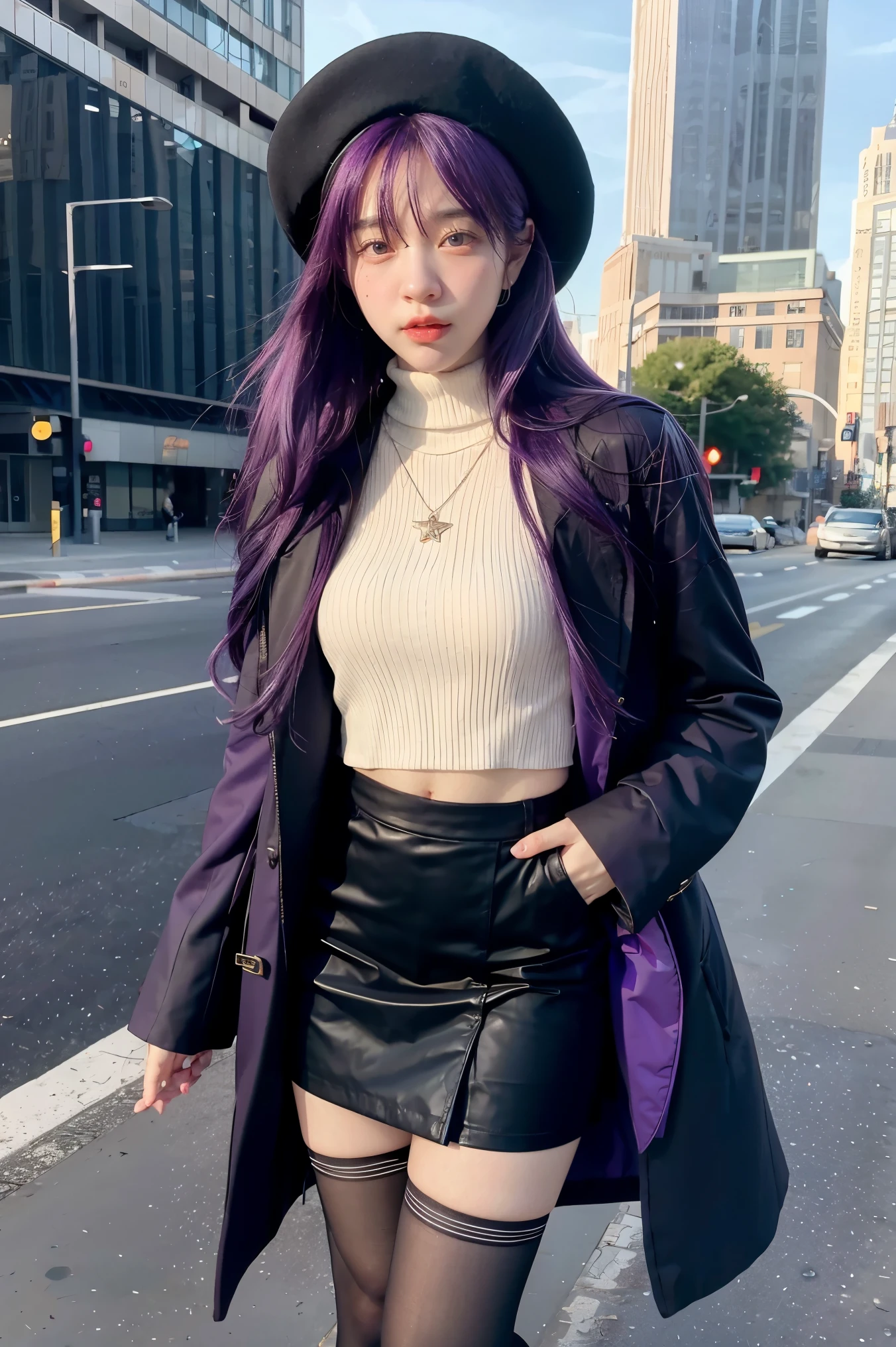 1 girl, alone, long hair, chest, look at viewer, Blush, smooth, blue eyes, sexy skirt, tights,thigh,long sleeve, have, decorations, gag, purple hair, colorful hair, cowboy shoot, outdoor, sky, day, necklace, coat, blue sky, black hat, gradient hair, Turtleneck, beret hat, building, thick roof, 