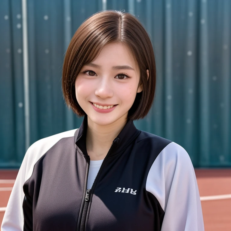 (kawaii 24 year-old Japanese girl, Nogizaka idol, Korean idol, track and field player), healthy female athlete body, glossy brown hair, (very short hair:1.2), beautiful black eyes, rounded face, single eyelid, (no makeup:1.2), (big laughing), (long sleeved track jacket:1.3), extra small breasts, BREAK, (track and field stadium  background:1.2), (dynamic angle, bust shot:1.2), BREAK, (masterpiece, best quality, photo realistic, official art:1.4), (UHD, 8K quality wallpaper, high resolution, raw photo, golden ratio:1.3), (shiny skin), professional lighting, physically based rendering, award winning, (highly detailed skin texture, extremely detailed face and eyes textures), Carl Zeiss 85 mm F/1.4, depth of field, (1girl, solo),