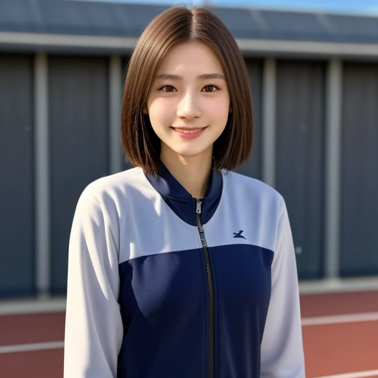 (kawaii 24 year-old Japanese girl, Nogizaka idol, Korean idol, track and field player), healthy female athlete body, glossy brown hair, (very short hair:1.2), beautiful black eyes, rounded face, single eyelid, (no makeup:1.2), (big laughing), (long sleeved track jacket:1.3), extra small breasts, BREAK, (track and field stadium background:1.2), (dynamic angle, bust shot:1.2), BREAK, (masterpiece, best quality, photo realistic, official art:1.4), (UHD, 8K quality wallpaper, high resolution, raw photo, golden ratio:1.3), (shiny skin), professional lighting, physically based rendering, award winning, (highly detailed skin texture, extremely detailed face and eyes textures), Carl Zeiss 85 mm F/1.4, depth of field, (1girl, solo),