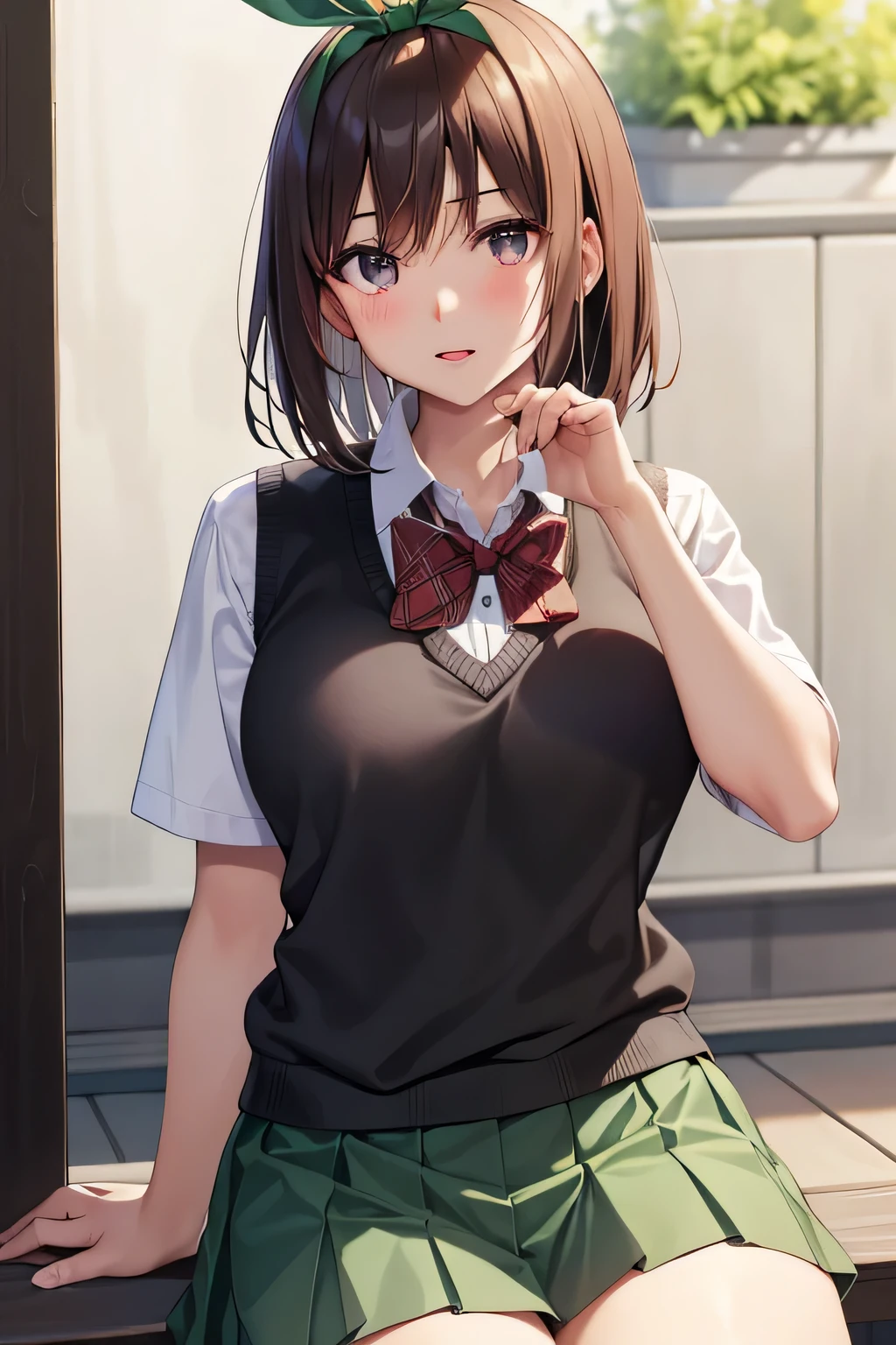 One girl, Cowboy Shot, (Detailed skin:1.3, Detailed face:1.3, Short black hair:1, big black eyes:1.2, Bright red lips:1.2, Sexy thighs:1.2), Realistic, Sharp focus, delicate, Soft colors, Cinema Lighting, bangs, short hair, black eye, Long eyelashes、 hair ribbon, Red Hair, green ribbon, skirt, shirt, bow, ribbon, white shirt, Short sleeve, Pleated skirt, shoes, shoes, collared shirt, miniskirt, bowtie, Black footwear, Knee-high, green skirt, black shoes, loafers, Sweater vest, knee shoes, Outdoor, The line of sight is this、(Upper body portrait)、masterpiece, 最high quality, high quality, High resolution,