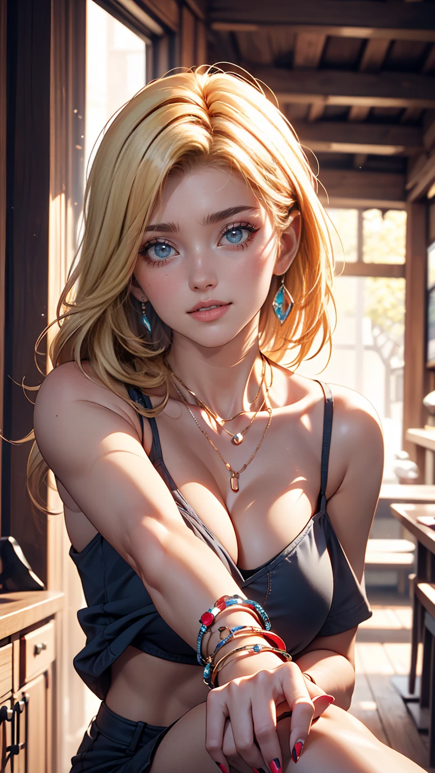 最high quality, 8K, masterpiece: 1.3, Ultra HD, high quality, 最high quality, High resolution, realism)) 、A 22-year-old extremely beautiful white woman、Hair color blonde、blue eyeedium Hair、Straight Hair、smile、Slender but well-proportioned body、Background blur((depth of field))、Aerial perspective((atmospheric perspective))、I want my head to stay off screen、Wearing accessories on the wrist、Put an anklet on your ankle、Wearing red nail polish、I'm getting a pedicure、Brazilian Bikini((Brasilian bikini))Wear、Curly Hair((curly hair))、Being on the beach、Wear stylish sunglasses