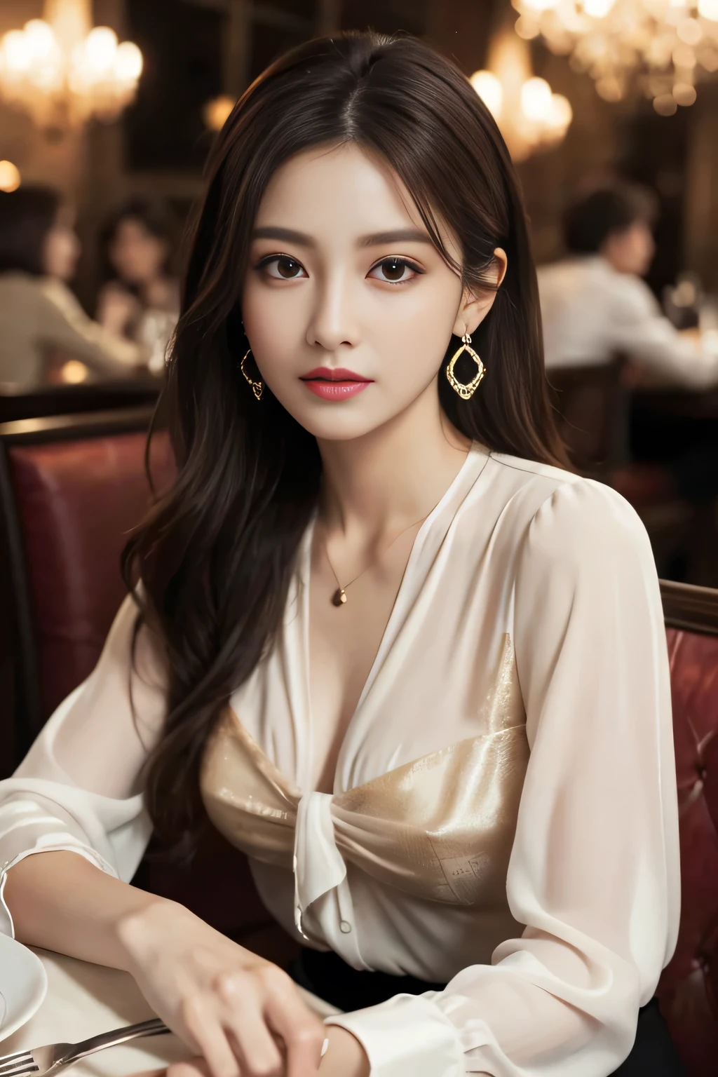 masterpiece, highest quality, Realistic, Very detailed, Finer details, High resolution, 8k wallpaper, One beautiful woman, Wear an elegant see-through blouse, In a great restaurant, At night, Light brown messy hair, Perfect dynamic composition, Beautiful and beautiful eyes、Big earrings、Sitting in a chair、