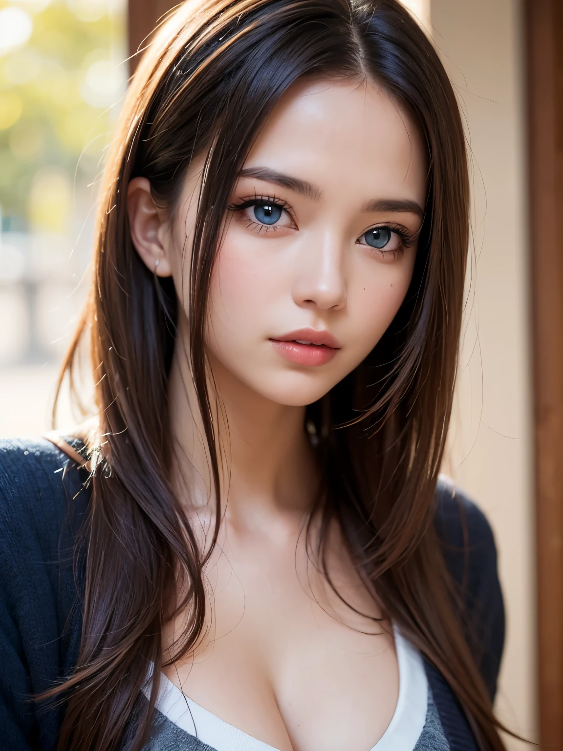 masterpiece, best quality, Beautiful young woman, Shining blue eyes, (detailed pupils:1.2), eyelash, Beautiful light brown hair, Striped hair, Polychromatic, Medium-length hair, Perfect face,No tops, detailed,Upper body portrait