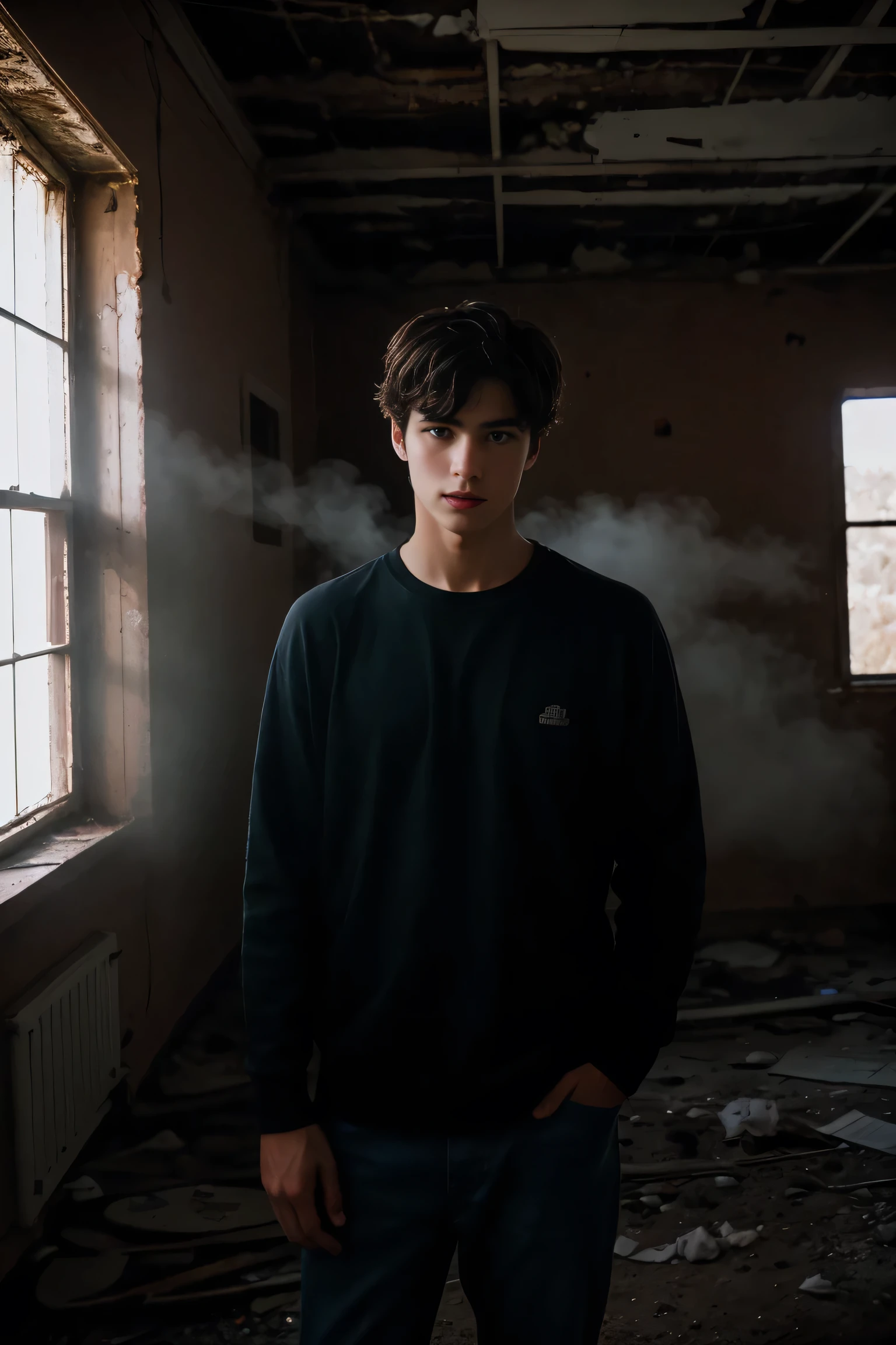 8k uhd, dslr, high quality , RAW photo, Amateur Photography posted to facebook ,Fujifilm XT3, Canon R5, Handsome men, Inside Abandoned Living room ,foggy
