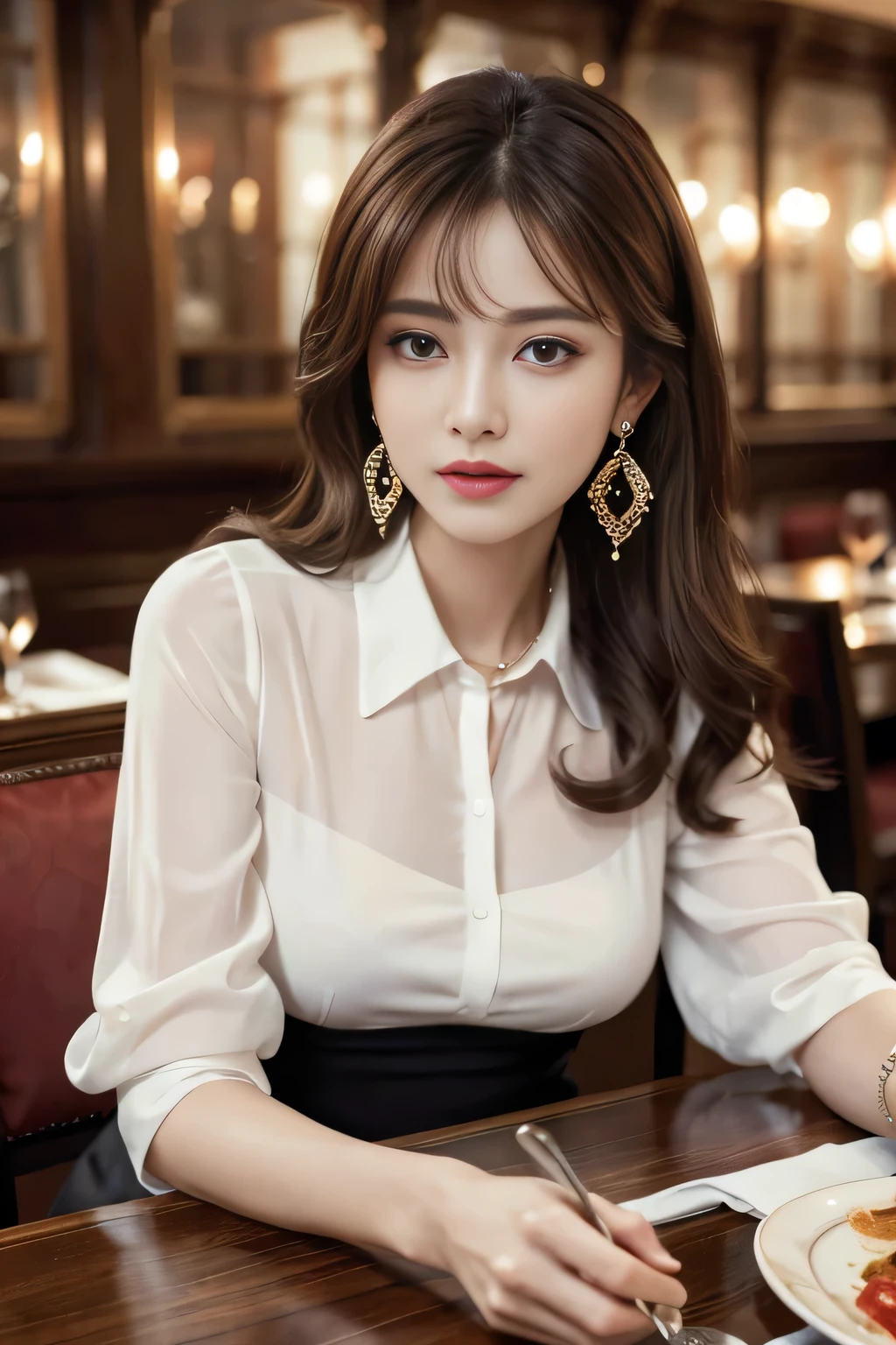 masterpiece, highest quality, Realistic, Very detailed, Finer details, High resolution, 8k wallpaper, One beautiful woman, Wear an elegant see-through blouse, In a great restaurant, At night, Light brown messy hair, Perfect dynamic composition, Beautiful and beautiful eyes、Big earrings、Sitting in a chair、