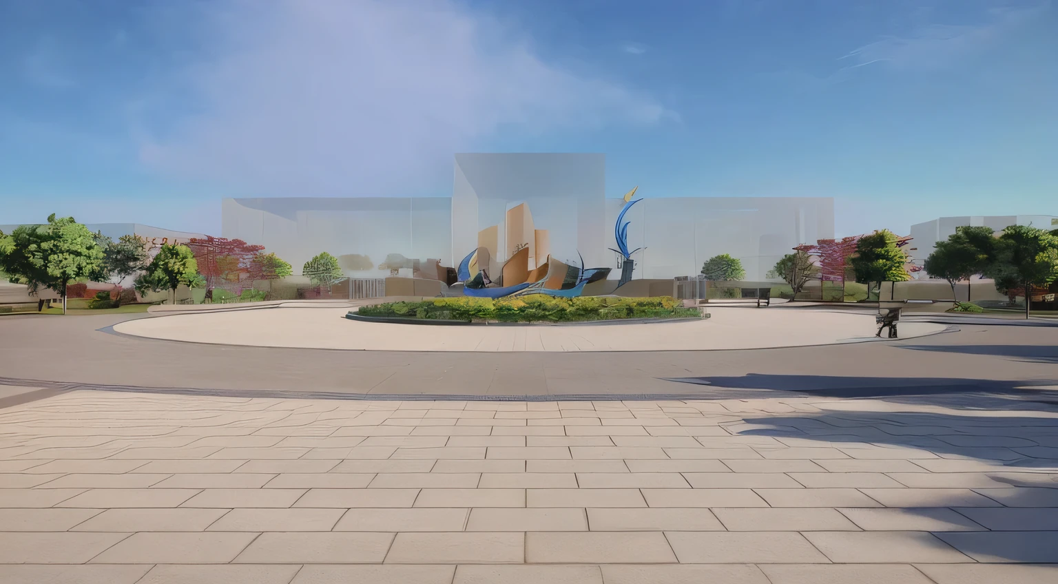 There is a large circular park,There is a statue in the middle, Detailed renderinging, Rendering, Wide-angle establishing shot, digital rendering, digital renderinging, Detailed rendering, Downtown Background, High-quality Rendering, highly Detailed rendering, Concept map, High detail rendering, Low Angle Isometric Rendering, very Detailed rendering, 2022 wide angle exterior, High-sampling Rendering