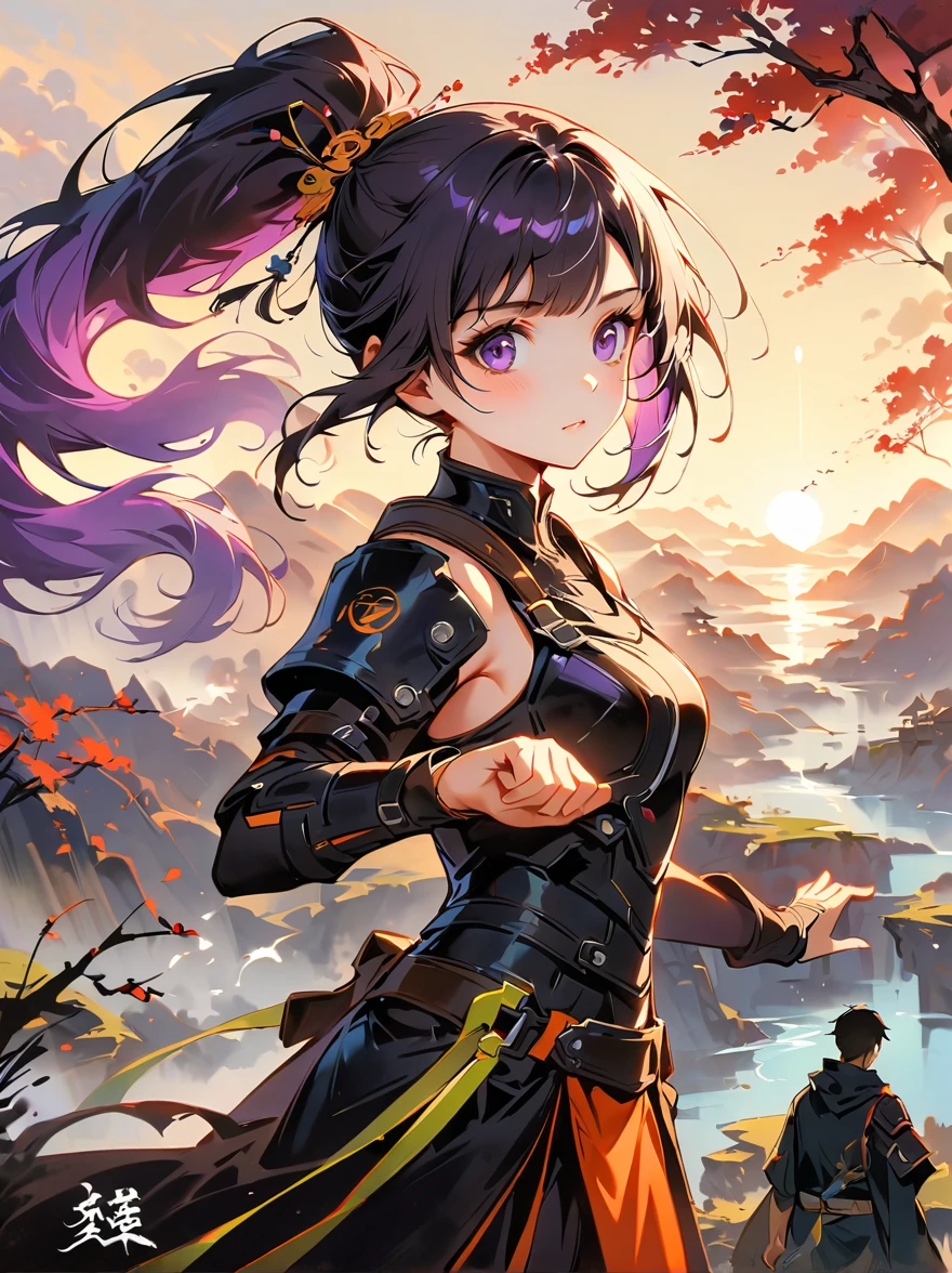 Ink Painting，1girl, Symmetrical hair accessories, Purple and white gradient double ponytail long hair, Purple Eyes，[background: (1boy:1.8)，(short hair, Wearing future warrior armor)，clutching a sword]，landscape，Ultra HD resolution，Freehand style，majestic，Natural light，Warrior Focus，yinji, 1yj1