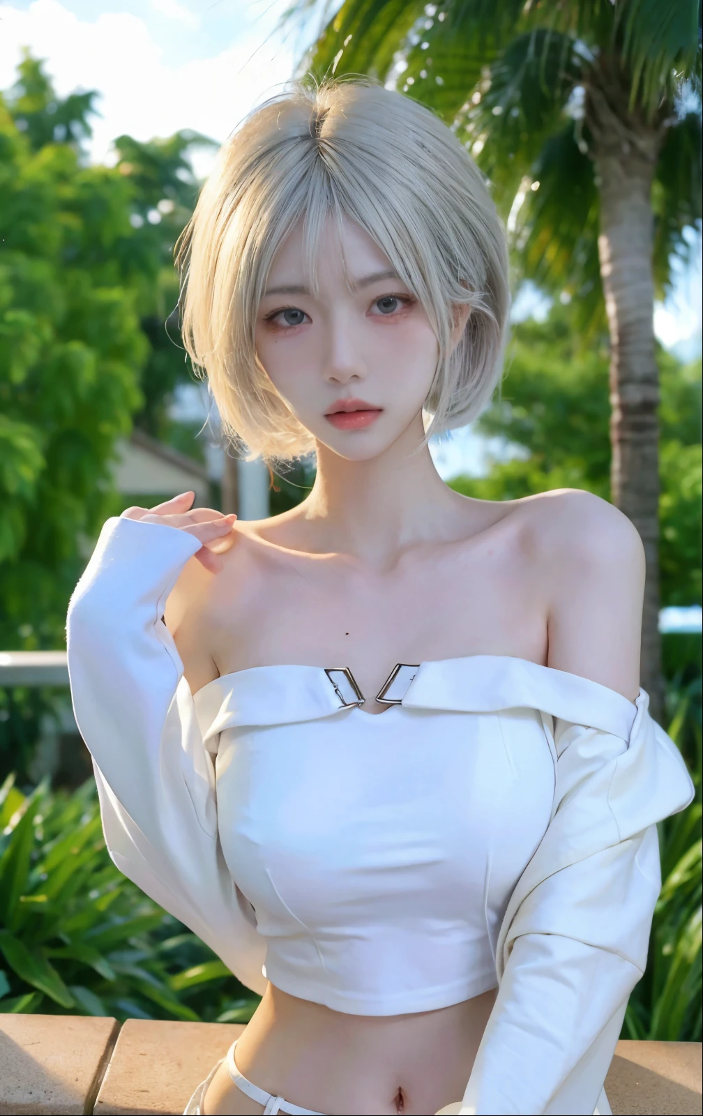 Beautiful woman with perfect body：1.4，layered hairstyle，prominent cleavage，bikini：1.5，ultra short pleated skirt，whole body，Highly detailed facial and skin textures，double eyelids，whiten skin，long white hair