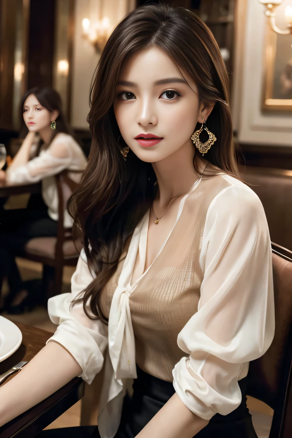 masterpiece, highest quality, Realistic, Very detailed, Finer details, High resolution, 8k wallpaper, One beautiful woman, Wear an elegant see-through blouse, In a great restaurant, At night, Light brown messy hair, Perfect dynamic composition, Beautiful and beautiful eyes、Big earrings、Sitting in a chair、