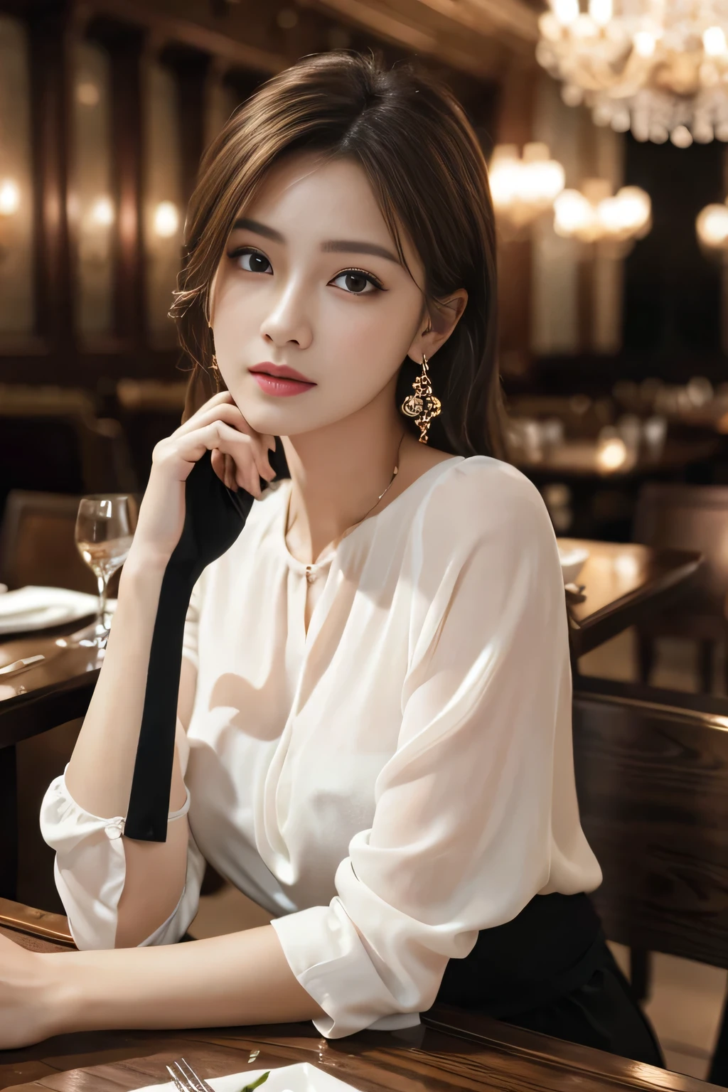 masterpiece, highest quality, Realistic, Very detailed, Finer details, High resolution, 8k wallpaper, One beautiful woman, Wear an elegant see-through blouse, In a great restaurant, At night, Light brown messy hair, Perfect dynamic composition, Beautiful and beautiful eyes、Big earrings、Sitting in a chair、