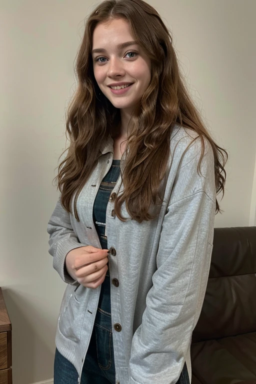 Freya Ridings with wavy hair dressed in casual clothes and smiling