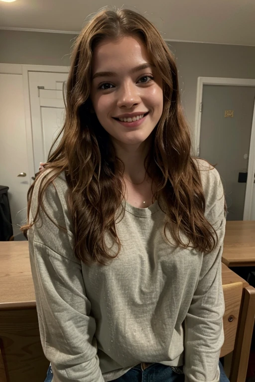 Freya Ridings with wavy hair dressed in casual clothes and smiling