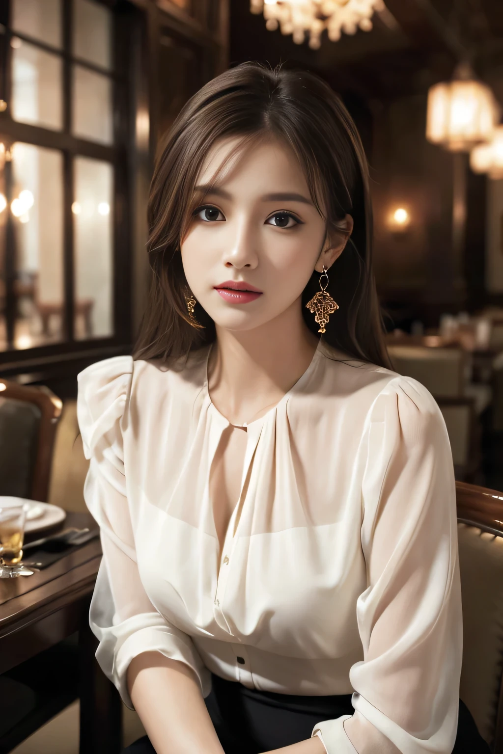 masterpiece, highest quality, Realistic, Very detailed, Finer details, High resolution, 8k wallpaper, One beautiful woman, Wear an elegant see-through blouse, In a great restaurant, At night, Light brown messy hair, Perfect dynamic composition, Beautiful and beautiful eyes、Big earrings、Sitting in a chair、