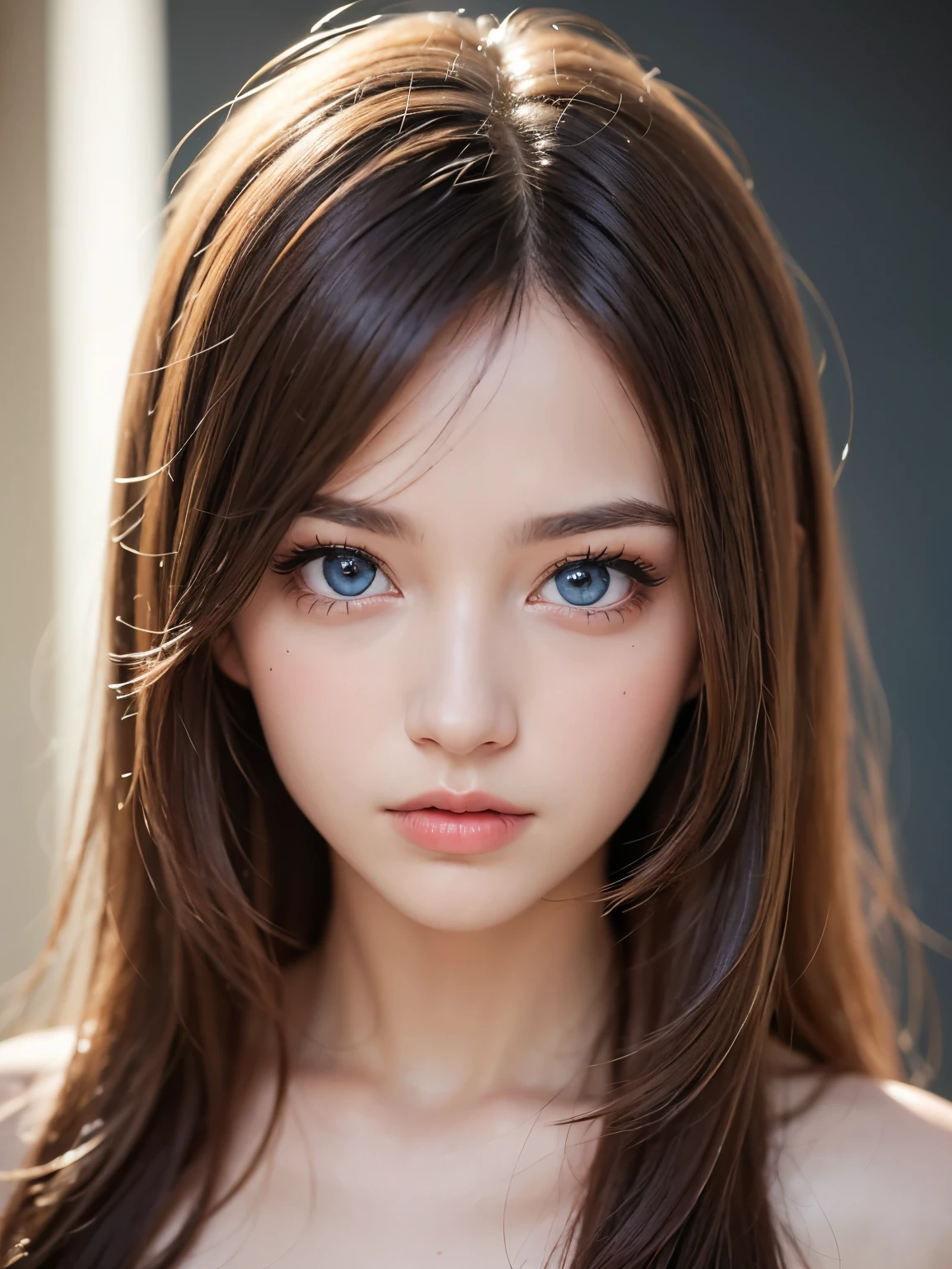 masterpiece, best quality, Beautiful young woman, Shining blue eyes, (detailed pupils:1.2), eyelash, Beautiful light brown hair, Striped hair, Polychromatic, Medium-length hair, Perfect face,Naked， detailed,Upper body portrait