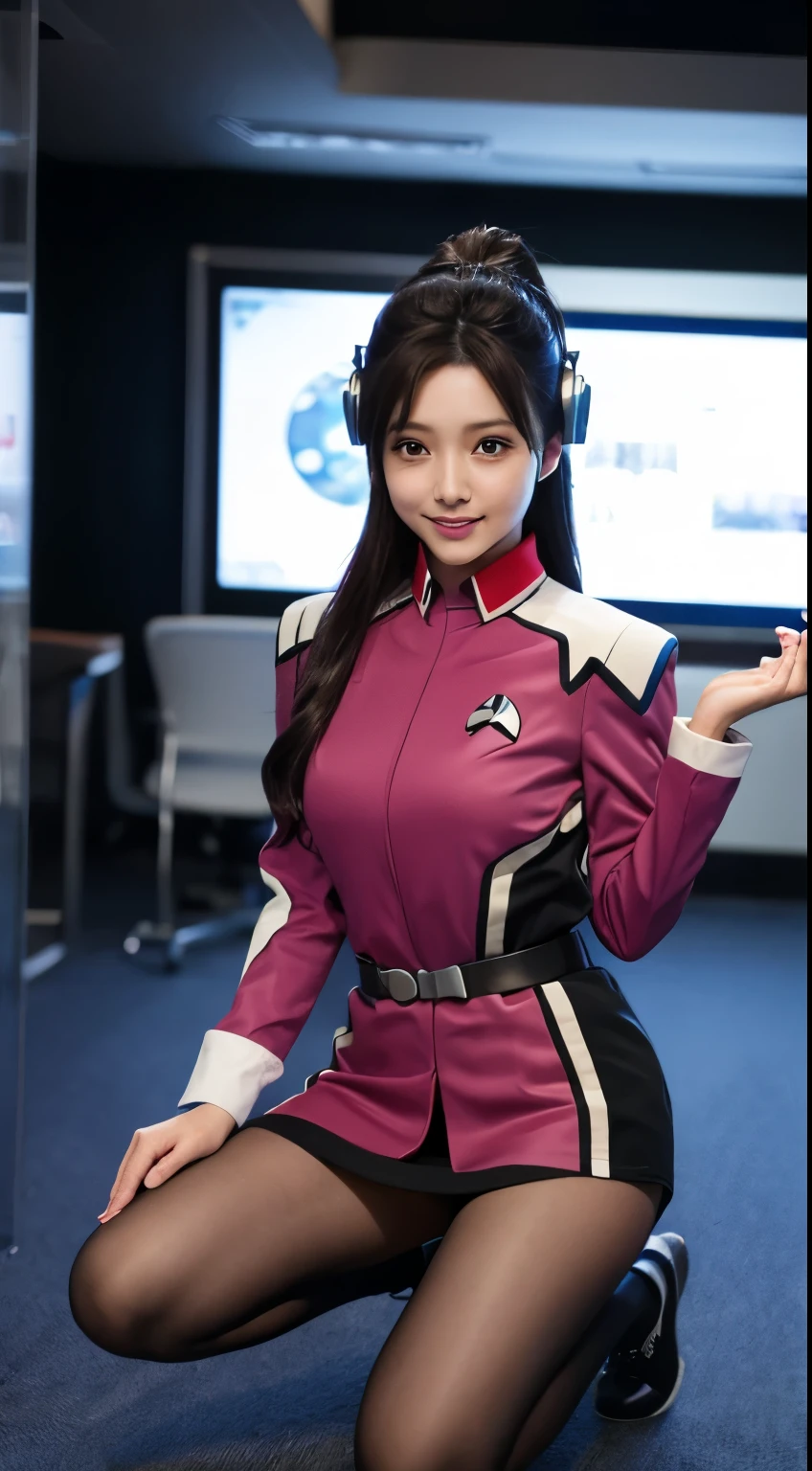 Tabletop, highest quality, 8k、(Golden ratio face、Balanced Eyes、Crouching on knees、Black Mini Skirt、White panties、Very gentle eyelids)、double eyelid、Innocent face、Young Face、Beautiful nose、Embarrassed laugh、Lip gloss 、Very beautiful girl、Beautiful girl solo like a model、 Wearing Starfleet uniforms, Starfleet uniform、Clear costume design、Blue Hair、Put the headset on your head、Skirt、pantyhose、Android、battleship cockpit,ＳＦworld,Anime World Girl、Futuristic Background、