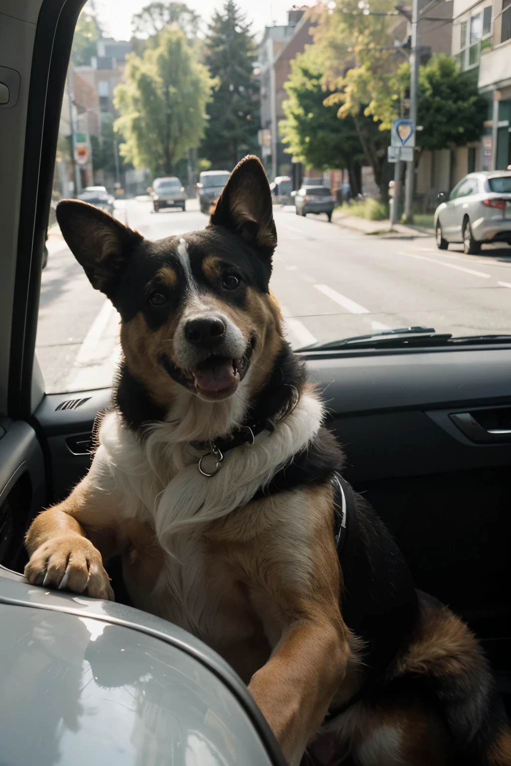 A medium-sized dog with long fur, realistically depicted, has its head sticking out of a moving car's window. The wind blows through its fur, causing it to flow gently. The dog has an expression of peace and happiness. The image is captured in the soft light of late afternoon, with warm tones of orange and yellow. The background is blurred to indicate the car's speed, and the scene conveys a sense of freedom and joy.