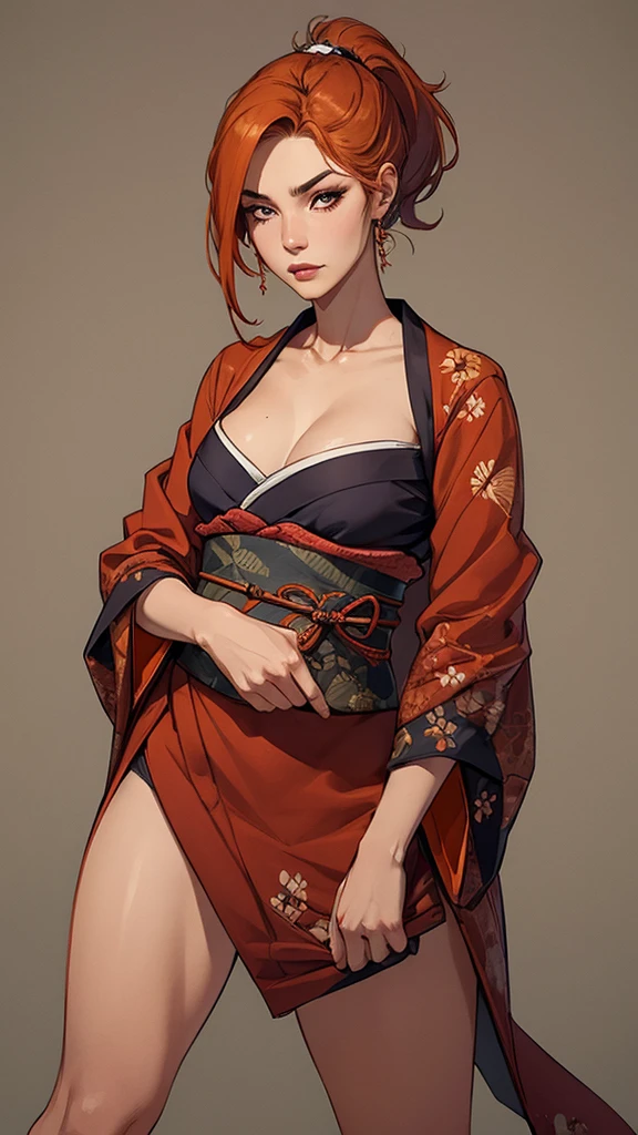 Standing posture、True Face、From the knee up、Dark orange hair、long hair、sex appeal、glossy、Japanese、Kimono Beauty、Japan Warlords、warrior、Simple、Sharp Gaze、Height: 180cm、Heavy makeup、50 years old、Mature Woman、An illustration、warrior、woman、Maid、Intimidation、Dignity、aura、Updo、ponytail
