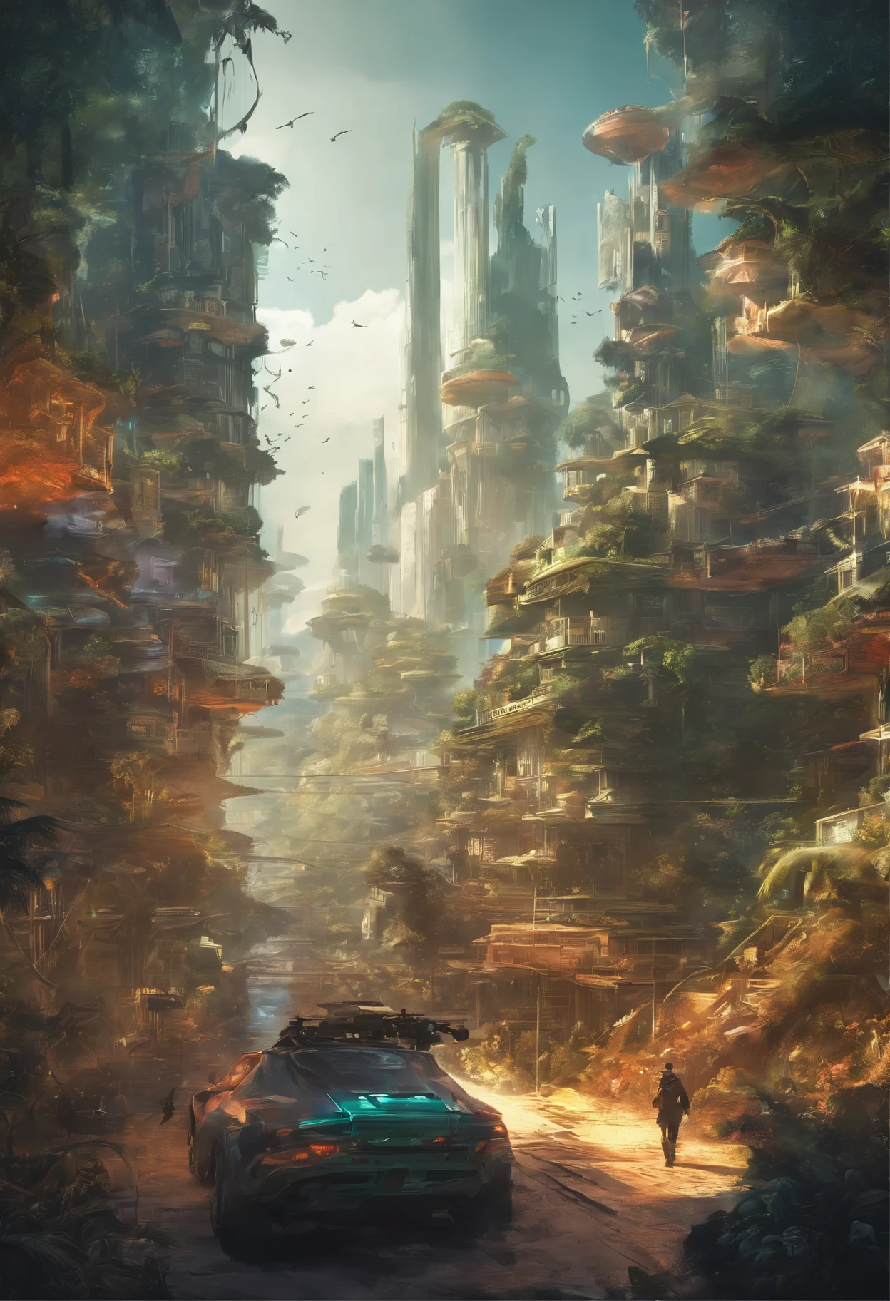 quero uma cidade extremamente tecnologica contrastando com a natureza e interconectada por cabos e