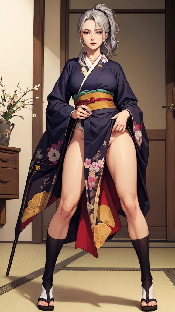 Standing posture、True Face、From the knee up、Dark silver hair、long hair、sex appeal、glossy、Japanese、Kimono Beauty、Japan Warlords、warrior、Simple、Sharp Gaze、Height: 180cm、Heavy makeup、50 years old、Mature Woman、An illustration、warrior、woman、Maid、Intimidation、Dignity、aura、Updo、ponytail