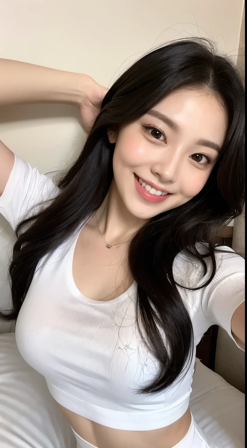 White tight shirt、White tight mini skirt、bed、smile、Short sleeve、high resolution、Korean idol face、double eyelid、White teeth、Medium Hair、Black Hair