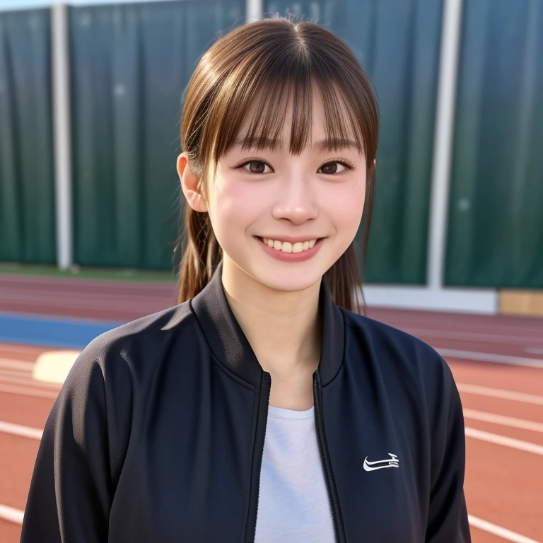 (kawaii 24 year-old Japanese girl, Nogizaka idol, Korean idol, track and field player), healthy female athlete body, glossy brown hair, (high ponytail, bangs:1.2), beautiful black eyes, rounded face, single eyelid, (no makeup:1.2), (big laughing), (long sleeved track jacket:1.3), extra small breasts, BREAK, (track and field stadium  background:1.2), (dynamic angle, bust shot:1.2), BREAK, (masterpiece, best quality, photo realistic, official art:1.4), (UHD, 8K quality wallpaper, high resolution, raw photo, golden ratio:1.3), (shiny skin), professional lighting, physically based rendering, award winning, (highly detailed skin texture, extremely detailed face and eyes textures), Carl Zeiss 85 mm F/1.4, depth of field, (1girl, solo),