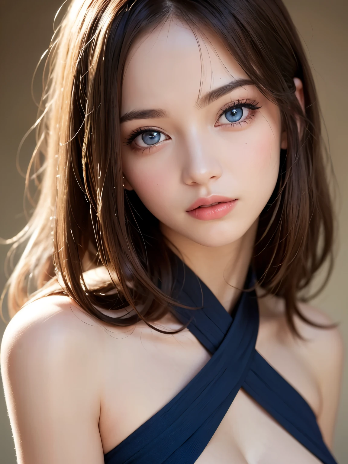 masterpiece, best quality, Beautiful young woman, Shining blue eyes, (detailed pupils:1.2), eyelash, Beautiful light brown hair, Striped hair, Polychromatic, Medium-length hair, Perfect face,Naked, detailed,Upper body portrait
