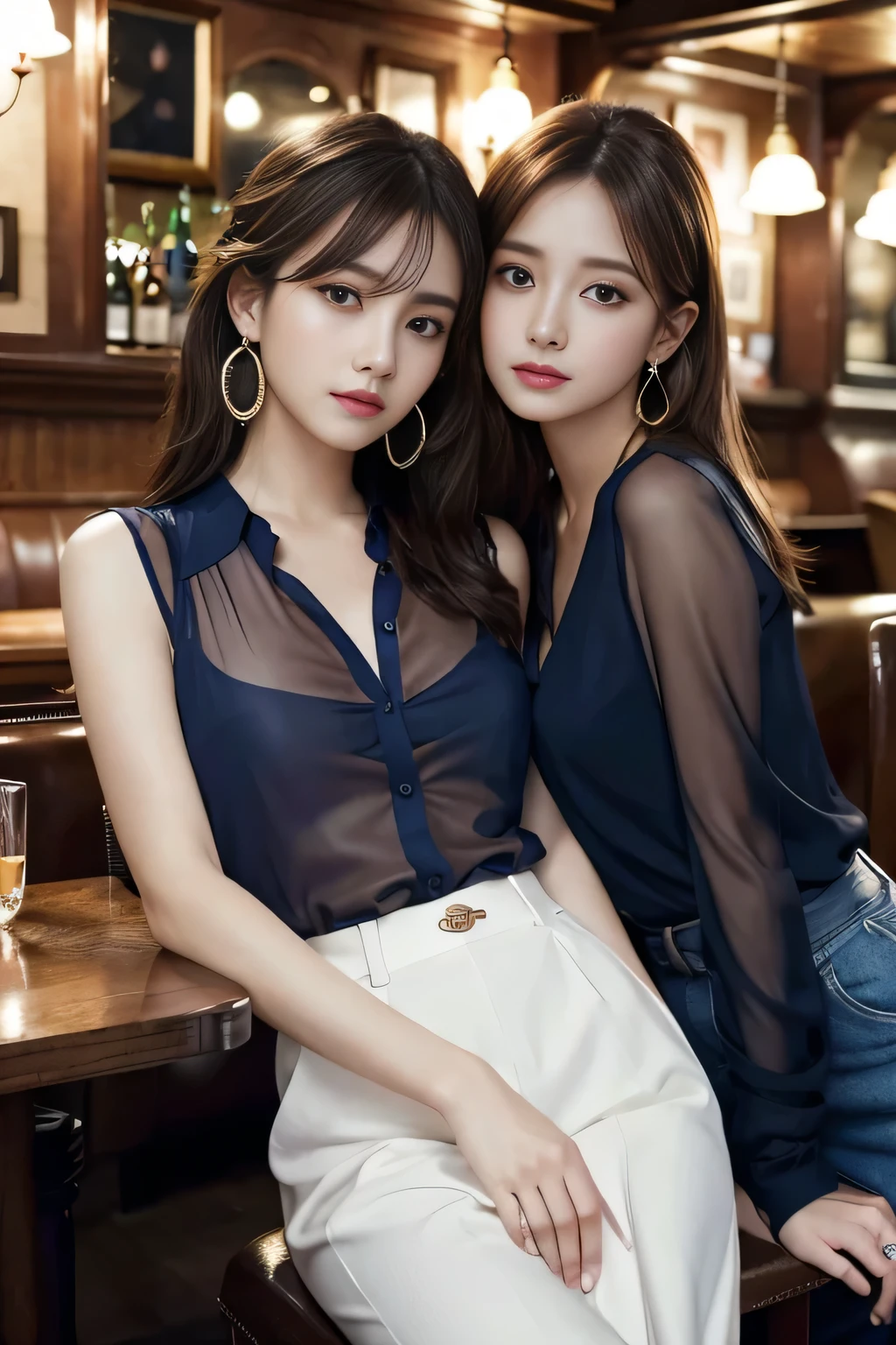 masterpiece, highest quality, Realistic, Very detailed, Finer details, High resolution, 8k wallpaper, Beautiful twin women, Wear a navy blue see-through blouse, In a great pub, At night, Light brown messy hair, Perfect dynamic composition, Beautiful and beautiful eyes、Big earrings、Sitting in a chair、
