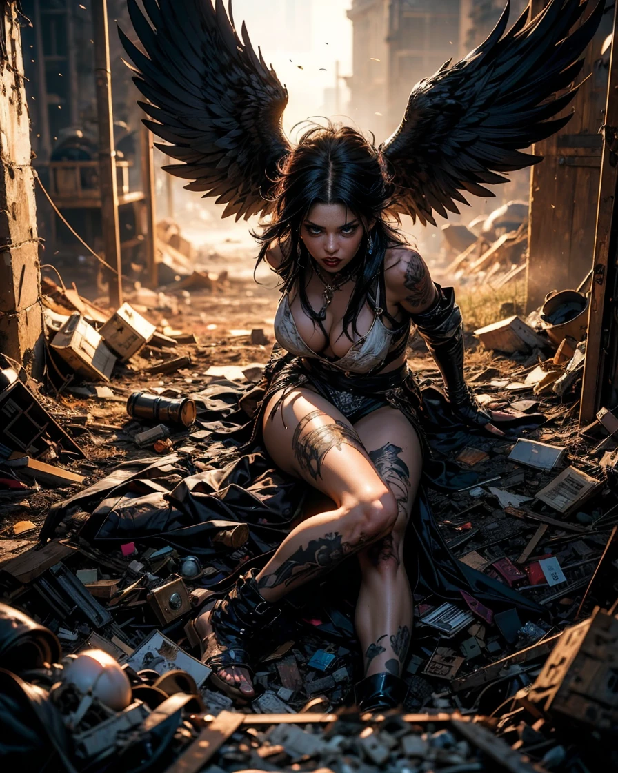 A hyperrealistic image at a high angle of: ((Una sexy mujer arcangel caido con alas negras y grandes, viste ropa sexy y gotica, desgarrada y con gran escote y adornos de metal negro)), (Cabello color rojo despeinado, sucio), con maquillaje gotico, rimel negro corrido, tirada en el piso con dolor, cuerpo esbelto y con cicatrices, pelo color rojo despeinado con una corona de metal negro y espinas. she has fallen a garbage can, paisaje desolador. She is lying on the floor full of hate and pain, raytraced, viento, paisaje desolador y con basura, (aesthetics and atmosphere:1.2), odio, enojada, vengativa, ojos brillantes rojos como llamas,plano amplio, cuerpo completo. (foto cruda, mejor calidad), (realista, photo-realista:1.3), Obra maestra, un extremadamente perfecto y hermoso cuerpo con tatuajes malditos, cuerpo palido extremadamente detallado, Best quality score, ultra dynamic pose, close up, high view, bloody moon and dark atmosphere, pose de odio, fist clenched in anger