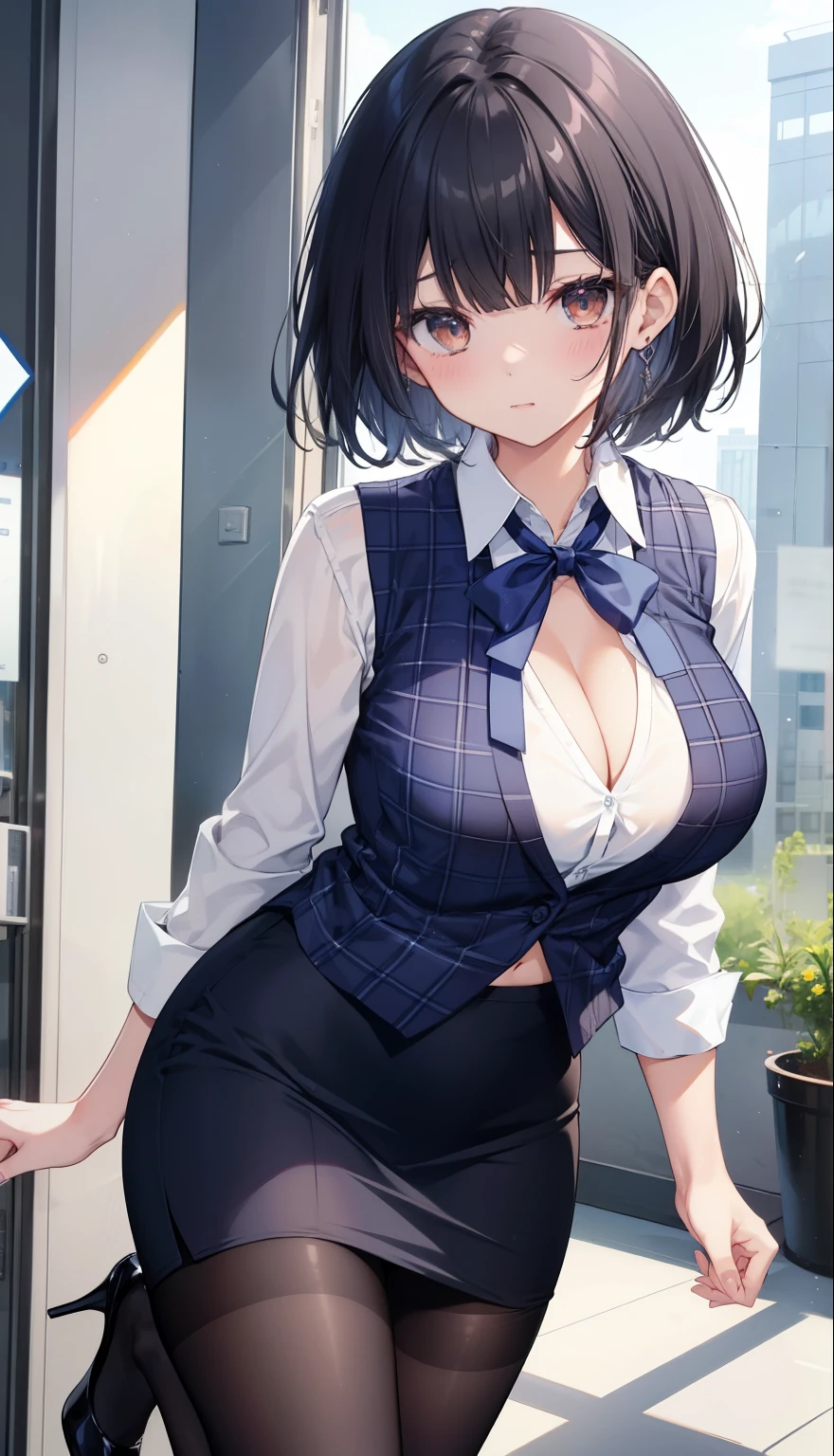 highest quality, Flying debris、Beautiful woman、officeレディー、Black Hair、(Brown eyes、Big Breasts、Blunt bangs)、short hair、チェック柄のダークブルーのofficeスーツ)、new employee,Full Body Shot、Female office lady、break(Dark blue checked vest、White dress shirt、Navy blue mini tight pencil skirt:1.2)、(Black Pantyhose、garter belt、High heels)、break(office:1.3)、Cleavage、Shirt buttons fly off、Absolute area、Blushing、Embarrassed、Standing posture、Open your mouth、Exposing the breasts、Bare your breasts、No panties、No bra、Nipples are visible、Expose the nipple