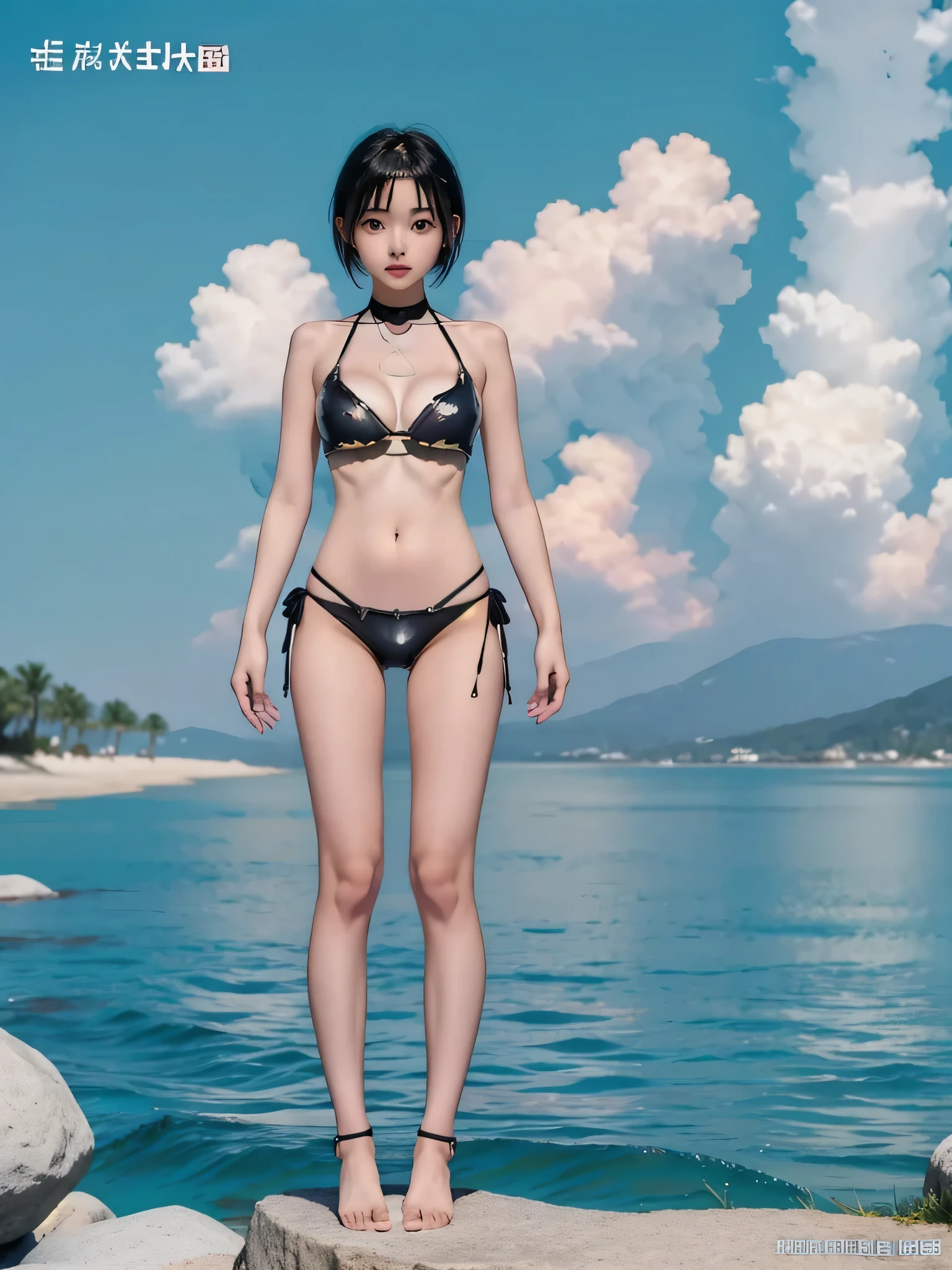 1girl、vtuber-fullbody、highest quality、Masterpiece、Official Art、The best composition、Super detailed、Standing in front of the viewer、short hair、Simple bikini、Small breasts、barefoot、Simple Background、Upright Pose、Character Design、