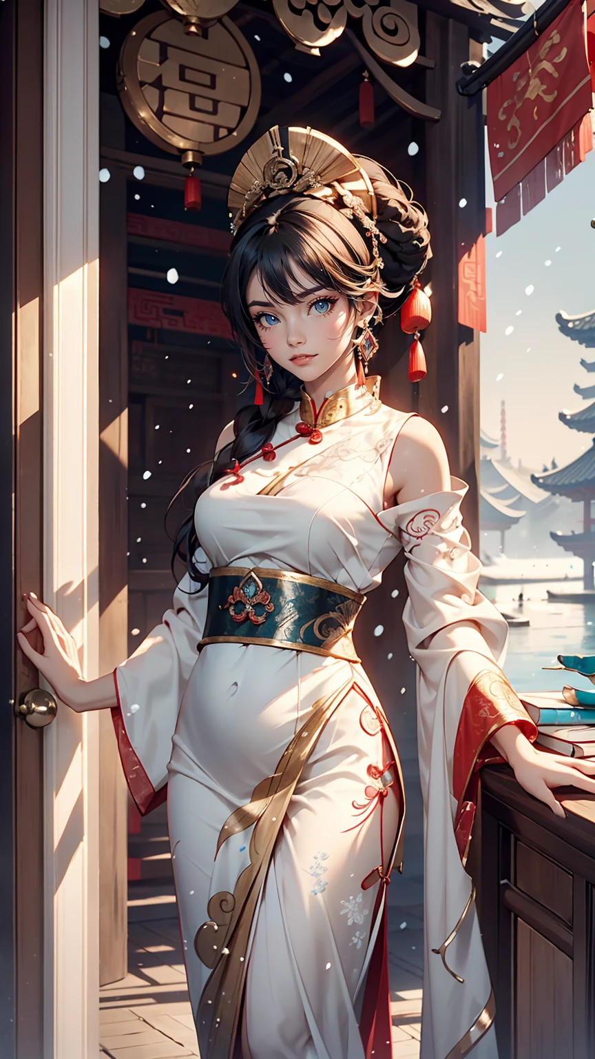 An elegant and intelligent classical Chinese woman, Wear a belly band, Standing at the door with a smile, Her skin is brighter than snow, Her eyes are like pools of clear water. There is a faint book-like atmosphere.