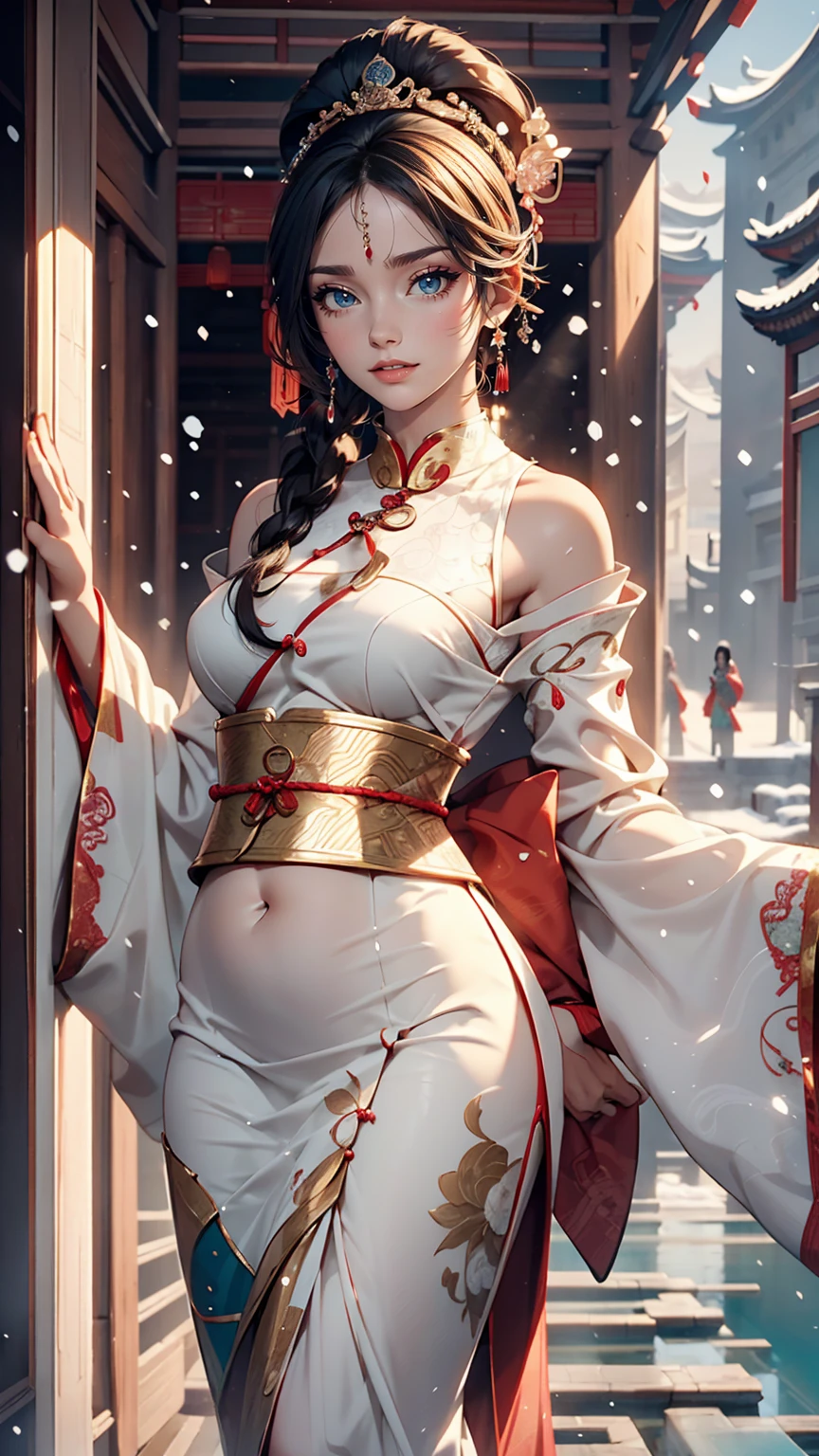 An elegant and intelligent classical Chinese woman, Wear a belly band, Standing at the door with a smile, Her skin is brighter than snow, Her eyes are like pools of clear water. There is a faint book-like atmosphere.