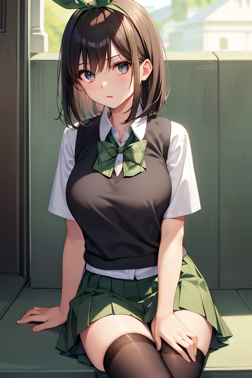 One girl, Cowboy Shot, (Detailed skin:1.3, Detailed face:1.3, Short black hair:1, big black eyes:1.2, Bright red lips:1.2, Sexy thighs:1.2), Realistic, Sharp focus, delicate, Soft colors, Cinema Lighting, bangs, short hair, black eye, Long eyelashes、 hair ribbon, Red Hair, green ribbon, skirt, shirt, bow, ribbon, white shirt, Short sleeve, Pleated skirt, shoes, shoes, collared shirt, miniskirt, bowtie, Black footwear, Knee-high, green skirt, black shoes, loafers, Sweater vest, knee shoes, Outdoor, The line of sight is this、(Upper body portrait)、masterpiece, 最high quality, high quality, High resolution,