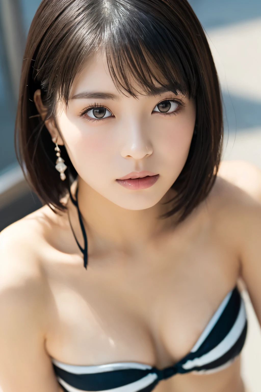 1 girl, (strapless micro bikini:1.5), (Looking into the camera)、((light makeup:1.5))、Beautiful Japanese actresses, ((Small, flat chest:1.5))、Photogenic, ((Close-up of face:1.5))、Yukihime, Long eyelashes, Snowflake Earrings,strapless micro bikini、
(RAW Photos, highest quality), (reality, reality的:1.4), (Flying debris),
Beautiful details, Beautiful lip detail, Highly detailed eyes and face,
BREAK is perfect anatomy, The whole body is thin, Small breasts, (short hair:1.3), Angel'smile,
Crystal Skin, Wake up, Capture the light