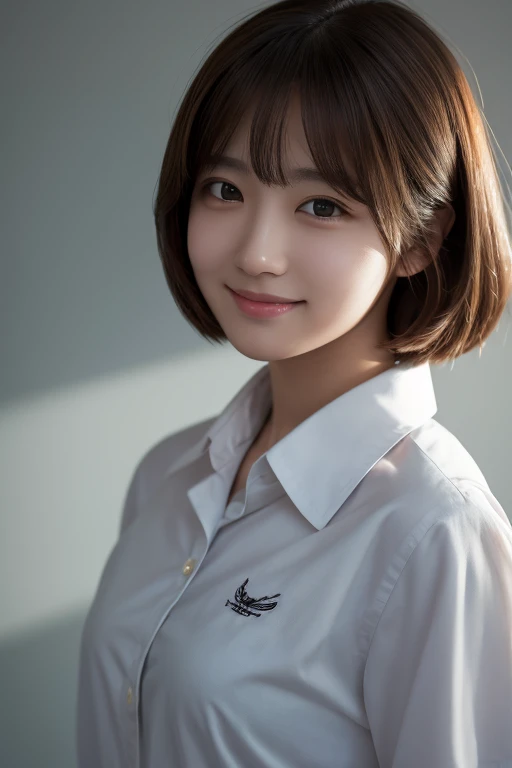highest quality, masterpiece, (Realistic:1.4), One girl, A light smile, Collared shirt, Upper Body, Dramatic lighting, From below

