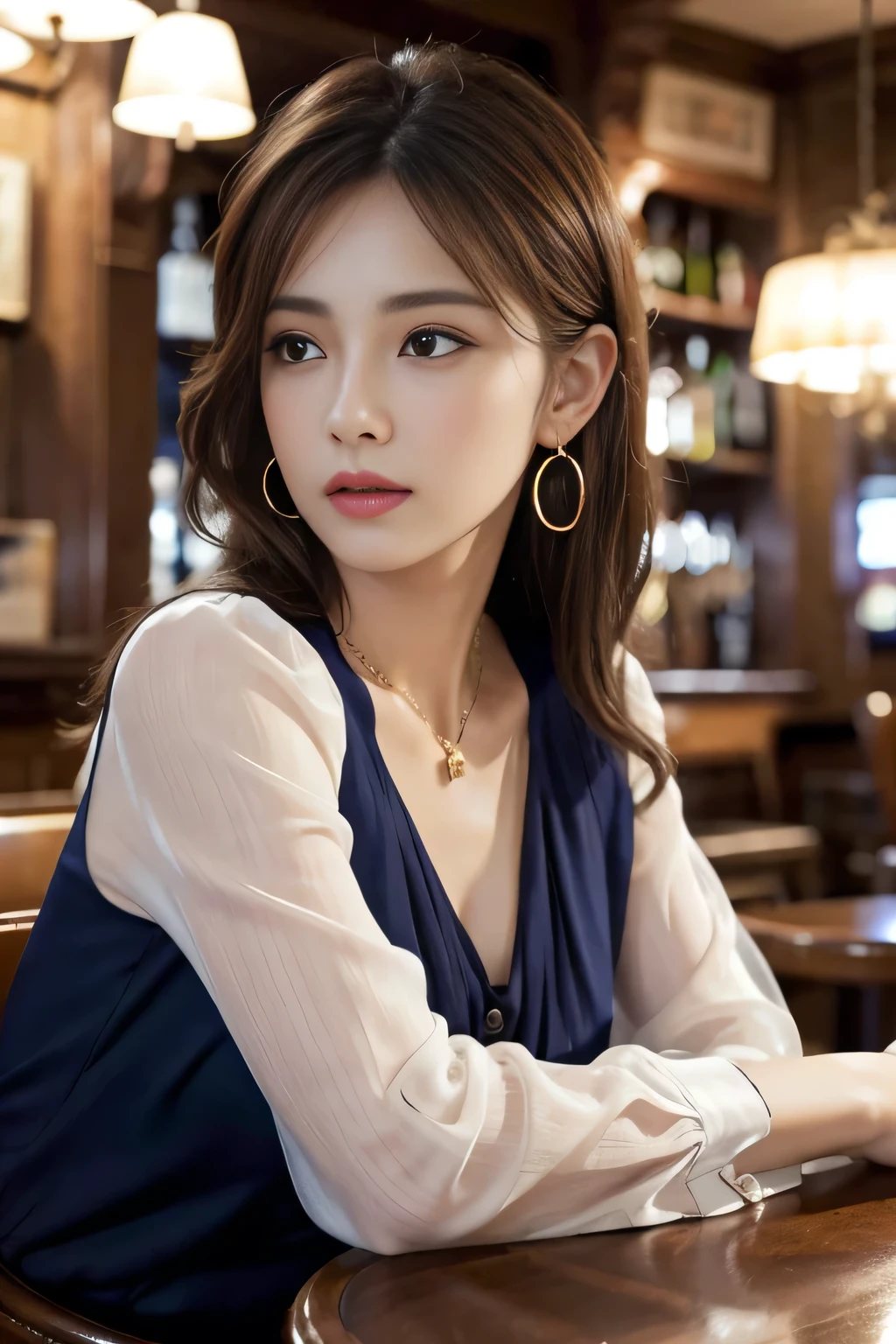 masterpiece, highest quality, Realistic, Very detailed, Finer details, High resolution, 8k wallpaper, One beautiful woman, Wear a navy blue see-through blouse, In a great pub, At night, Light brown messy hair, Perfect dynamic composition, Beautiful and beautiful eyes、Big earrings、Sitting in a chair、
