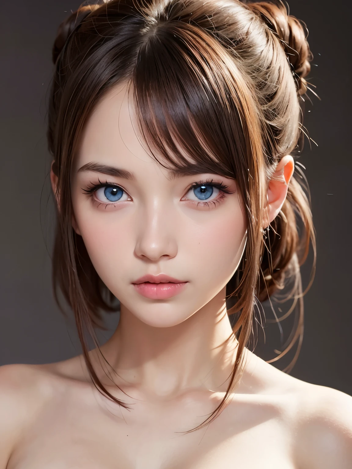 masterpiece, best quality, Beautiful young woman, Shining blue eyes, (detailed pupils:1.2), eyelash, Beautiful light brown hair, Striped hair, Polychromatic, Hair in a bun on top of head, Perfect face,Naked， detailed,Upper body portrait