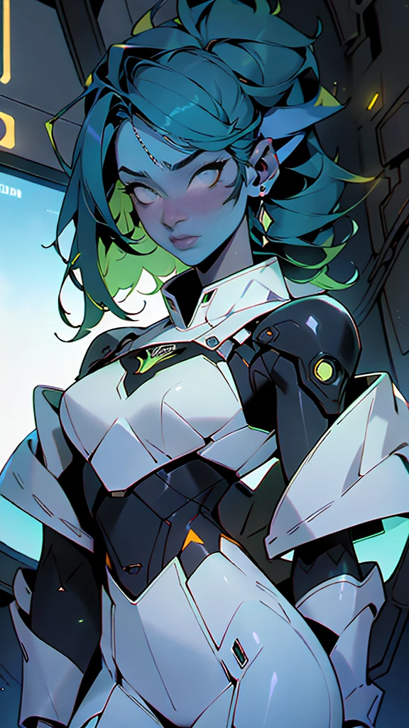 ((Melhor Qualidade)), ((Obra-prima)), (Muito detalhado:1.3), 3D, Bonito (Cyberpunk:1.3) (sfw Hacker feminino, cabelo grosso, nsfw crop top, pele azul), terminais de computador operacionais, servidores de computador, telas LCD, fibre optic cables, logotipos corporativos, HDR (High Dynamic Range), ray tracing, NVIDIA RTX, Super Resolution, Unreal 5, Espalhamento subsuperficial, texturas PBR, Post-processing, anisotropic filtering, Profundidade de campo, Maximum Sharpness and Sharpness, Texturas multicamadas, Mapeamento especular e de albedo, surface shading, Precise simulation of light-material interactions, perfectly proportions, octane rendering, duotone lighting, ISO baixo, white-balance, rule of thirds, ampla abertura, 8K RAW, high efficiency subpixels, Subpixel convolution, glow particles,