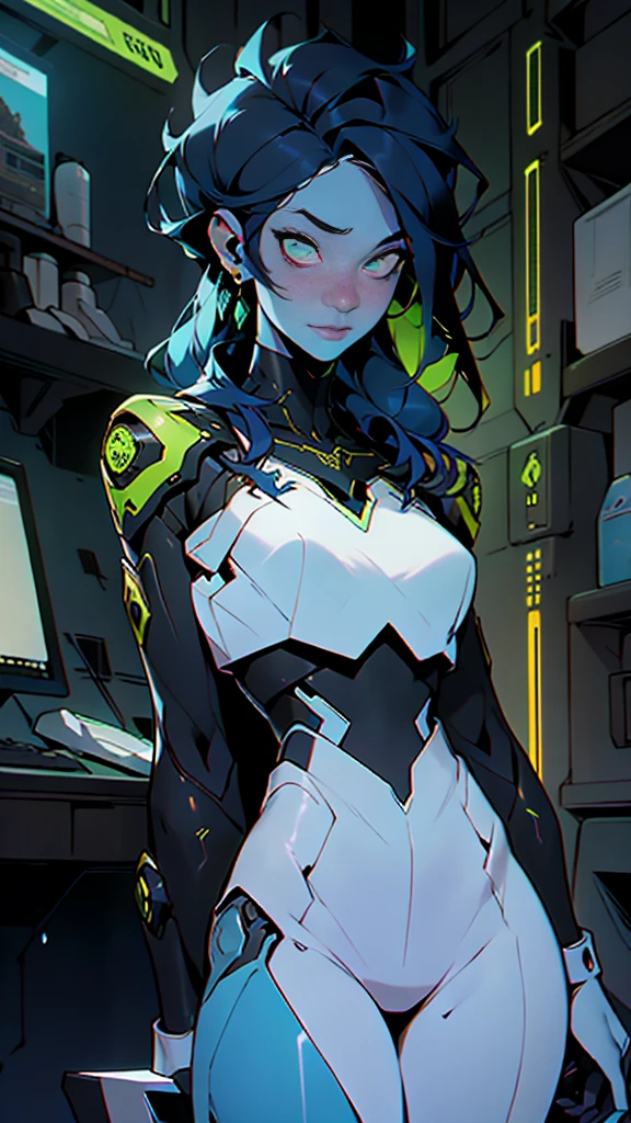 ((Melhor Qualidade)), ((Obra-prima)), (Muito detalhado:1.3), 3D, Bonito (Cyberpunk:1.3) (sfw Hacker feminino, cabelo grosso, nsfw crop top, pele azul), terminais de computador operacionais, servidores de computador, telas LCD, fibre optic cables, logotipos corporativos, HDR (High Dynamic Range), ray tracing, NVIDIA RTX, Super Resolution, Unreal 5, Espalhamento subsuperficial, texturas PBR, Post-processing, anisotropic filtering, Profundidade de campo, Maximum Sharpness and Sharpness, Texturas multicamadas, Mapeamento especular e de albedo, surface shading, Precise simulation of light-material interactions, perfectly proportions, octane rendering, duotone lighting, ISO baixo, white-balance, rule of thirds, ampla abertura, 8K RAW, high efficiency subpixels, Subpixel convolution, glow particles,