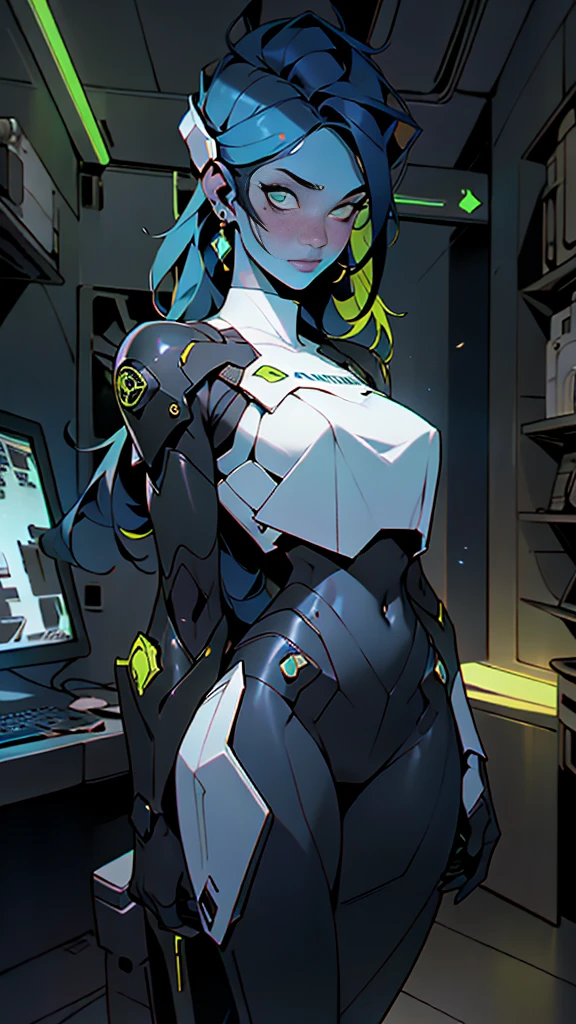 ((Melhor Qualidade)), ((Obra-prima)), (Muito detalhado:1.3), 3D, Bonito (Cyberpunk:1.3) (sfw Hacker feminino, cabelo grosso, nsfw crop top, pele azul), terminais de computador operacionais, servidores de computador, telas LCD, fibre optic cables, logotipos corporativos, HDR (High Dynamic Range), ray tracing, NVIDIA RTX, Super Resolution, Unreal 5, Espalhamento subsuperficial, texturas PBR, Post-processing, anisotropic filtering, Profundidade de campo, Maximum Sharpness and Sharpness, Texturas multicamadas, Mapeamento especular e de albedo, surface shading, Precise simulation of light-material interactions, perfectly proportions, octane rendering, duotone lighting, ISO baixo, white-balance, rule of thirds, ampla abertura, 8K RAW, high efficiency subpixels, Subpixel convolution, glow particles,