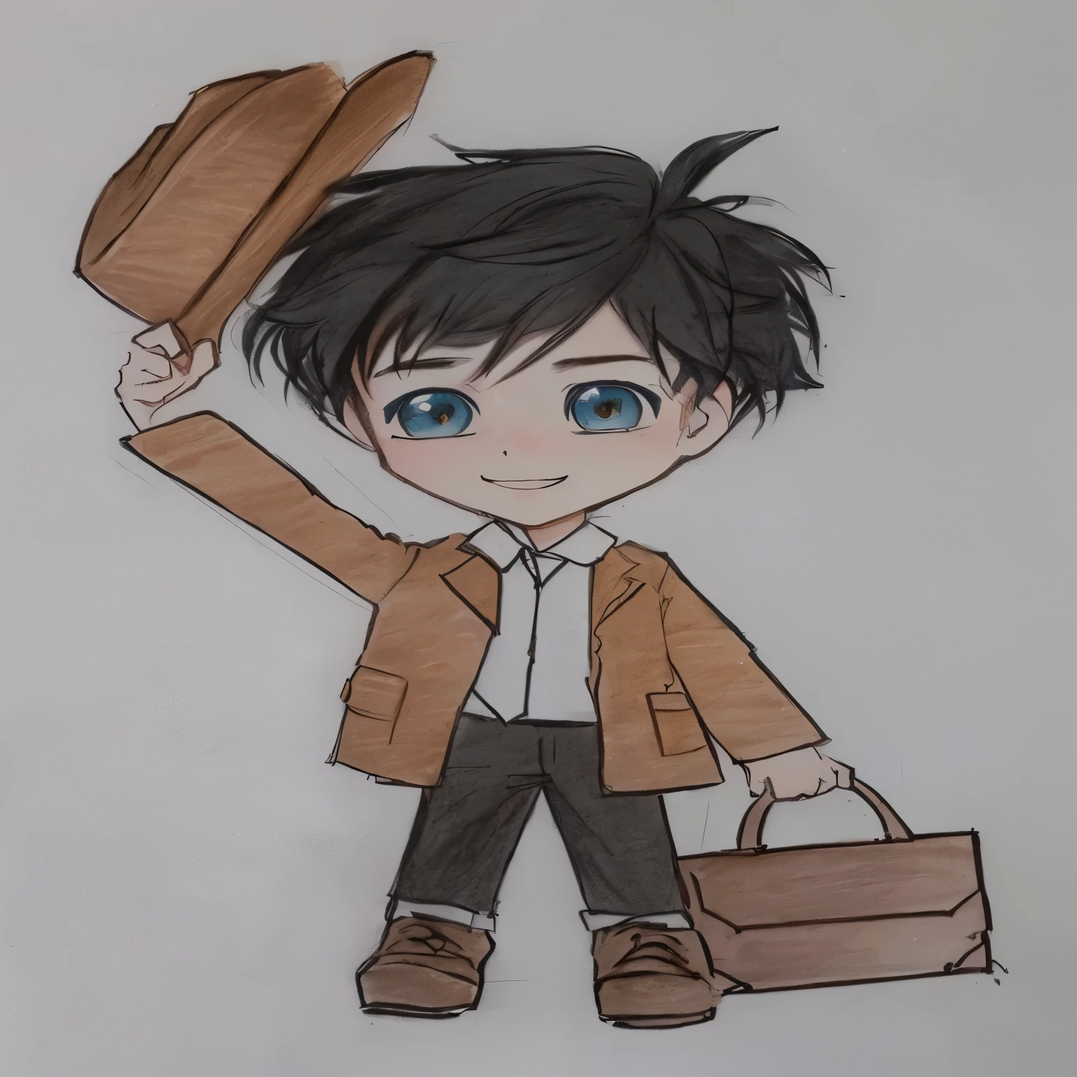 drawing of a boy with hat and briefcase, inspirado em William Mustart Lockhart, fanart oficial, caricatura, inspirado em Inoue Naohisa, estilo chibi, inspirado em Jean Tabaud, inspirado em Lydia Field Emmet, inspirado em Tsuruko Yamazaki, fanart de alta qualidade, Cel sombreado!!!, retrato de corpo inteiro de um curta!