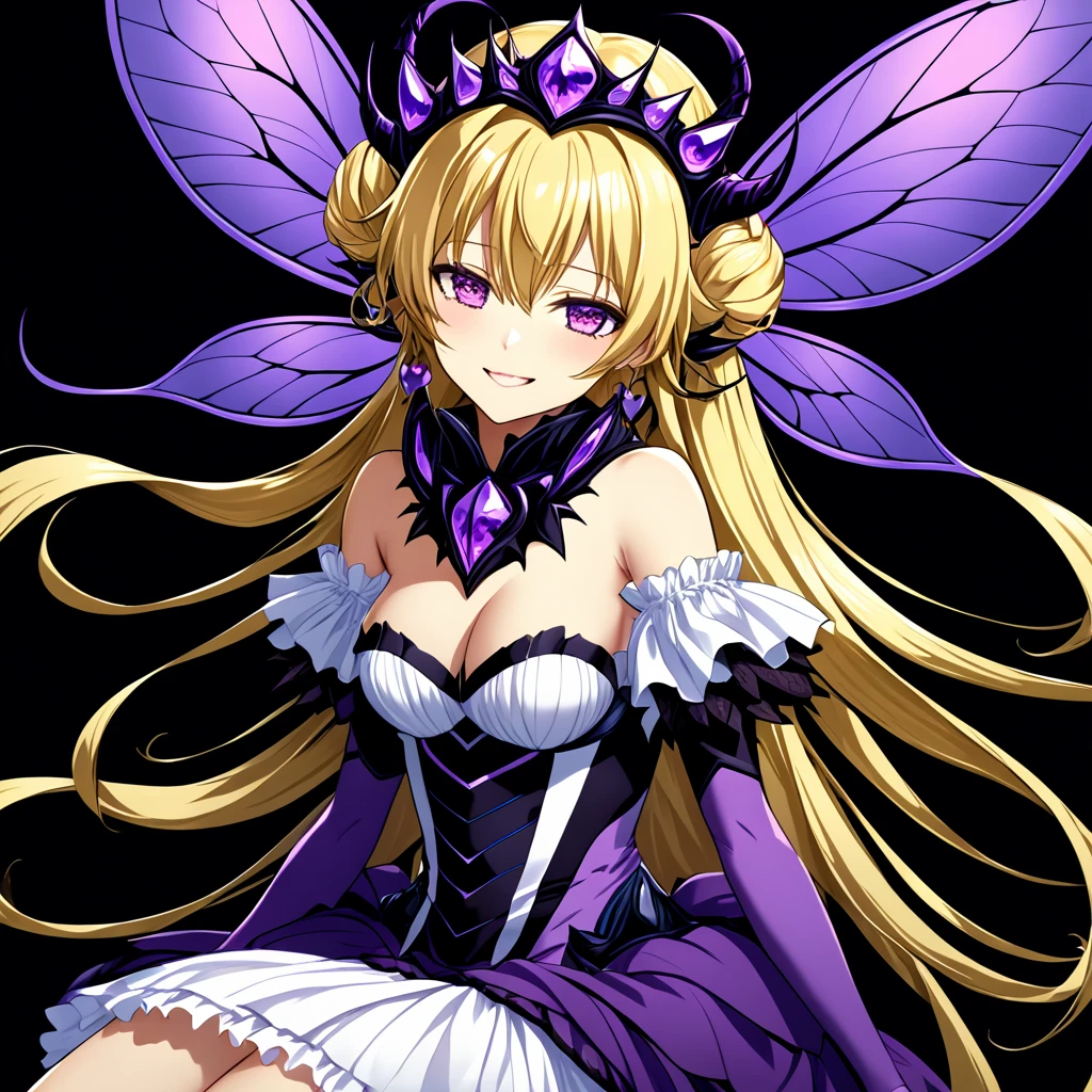 ((highest quality)), ((masterpiece)), (detailed), （Perfect Face）、（The woman was a purple fly demon called Extia Spica, with long blonde hair tied in two ponytails around her shoulders. She was a deformed fly demon similar to Beelzebub, the Demon King of flies. She had fly antennae and four transparent fly wings growing from her back, and her arm was covered in fly-like body hair.２She is carried in the princess carry position by Beelzebub, the great demon king of flies, who has a book and four thin fly-like arms, and is loved by him while he gives her deep kisses.）、She became the wife of the Demon King of flies and became a demon of flies with a smile, and gained the same fly antennae and transparent eyes as the Demon King.４The body of the fly is purple with black borders.々The stinging like that of a dead fly々The woman is wearing a cute devil dress, a fly-themed tiara, fly earrings and other accessories all with a fly motif, and is carried in a princess carry by Beelzebub, the Demon King of the Flies. She smiles happily and hugs him and kisses him. She is loved and favored by Beelzebub, the Demon King of the Flies.、The man is Beelzebub, the monstrous demon king of flies, and caresses the woman, lifting her up in a princess carry, embracing her, rubbing her cheeks with him, kissing her and showing her affection.、（Demon King２He has one arm and four thin fly arms, and with those six arms he holds the woman tightly in a princess carry and kisses her deeply, pressing her against him.）