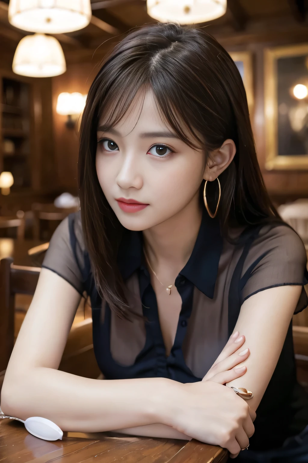 masterpiece, highest quality, Realistic, Very detailed, Finer details, High resolution, 8k wallpaper, One beautiful woman, Wear a navy blue see-through blouse, In a great pub, At night, Light brown messy hair, Perfect dynamic composition, Beautiful and beautiful eyes、Big earrings、Sitting in a chair、