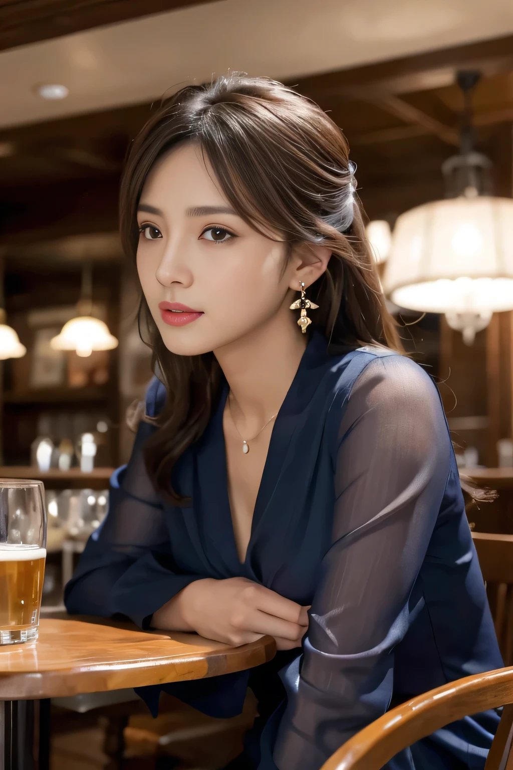 masterpiece, highest quality, Realistic, Very detailed, Finer details, High resolution, 8k wallpaper, One beautiful woman, Wear a navy blue see-through blouse, In a great pub, At night, Light brown messy hair, Perfect dynamic composition, Beautiful and beautiful eyes、Big earrings、Sitting in a chair、