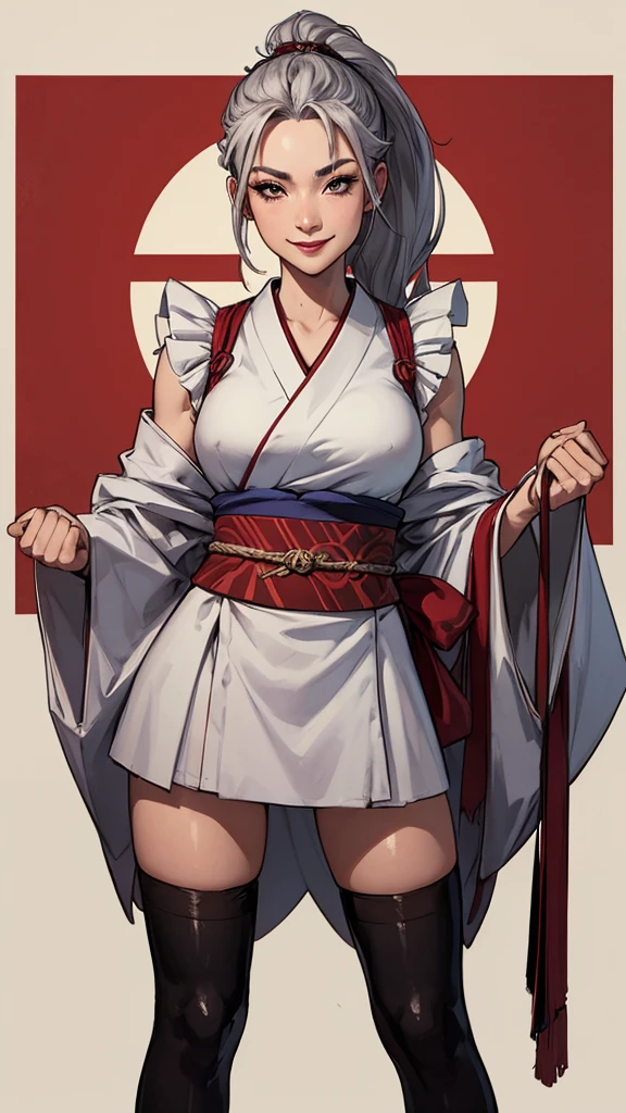Standing posture、True Face、From the knee up、Dark silver hair、long hair、sex appeal、glossy、Japanese、Kimono Beauty、Japan Warlords、warrior、Simple、Smile、Sharp Gaze、Height: 180cm、Heavy makeup、50 years old、Mature Woman、An illustration、warrior、woman、Maid、Intimidation、Dignity、aura、Updo、ponytail