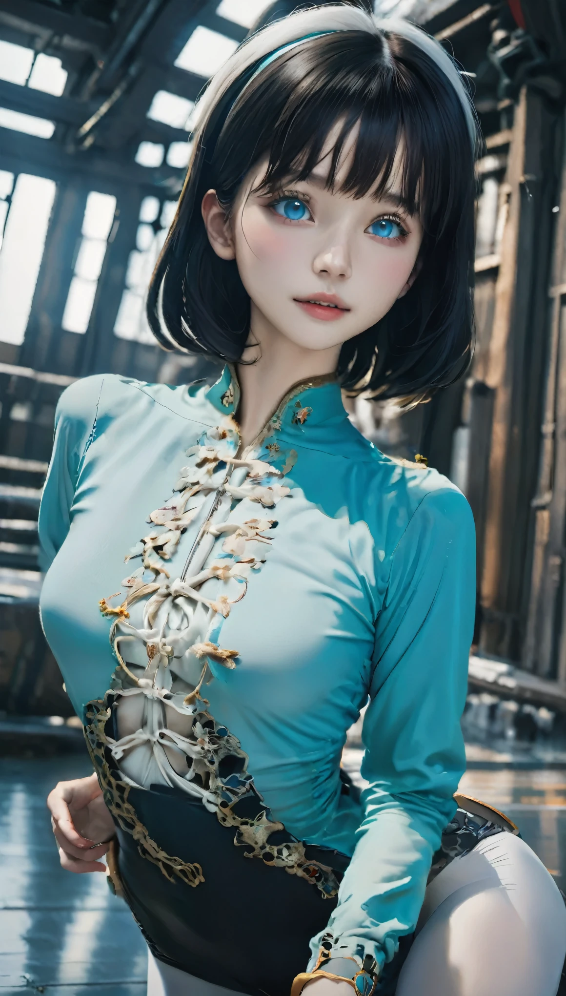 (Maximum resolution: 1.2), (Ultra-high resolution:1.2), Perfect Anatomy、Correct skeleton、Perfect human body depiction、Cinema Lighting, 8K resolution, Beautiful eyes and skin, Detailed face, Perfect Style, Cute Face, Accurate, Anatomically correct, Highly Detailed face and skin texture, Beautiful and delicate droopy eyes, , (Black Hair:1.5), Long Hair, Parted bangs, blue eyes, (White Hair Band:1.5), (Long sleeve one piece plain dark cyan shirt:1.5), (tights:1.2), (boots:1.5), High Kick, Space Battleship